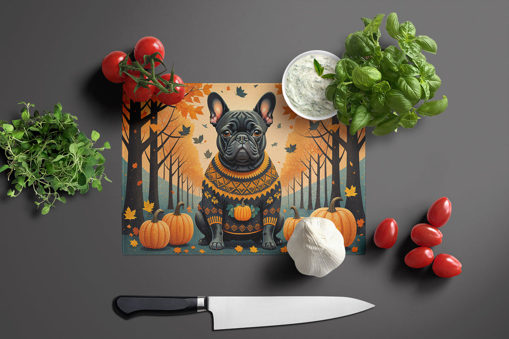 Black French Bulldog Fall Cutting Board Tempered Glass Kitchen Cutting Surface, Heat Resistant Chopping, Non-Slip Feet, Food Prep & Serving
