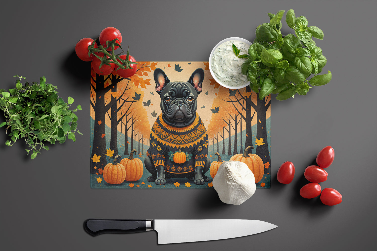 Black French Bulldog Fall Cutting Board Tempered Glass Kitchen Cutting Surface, Heat Resistant Chopping, Non-Slip Feet, Food Prep & Serving