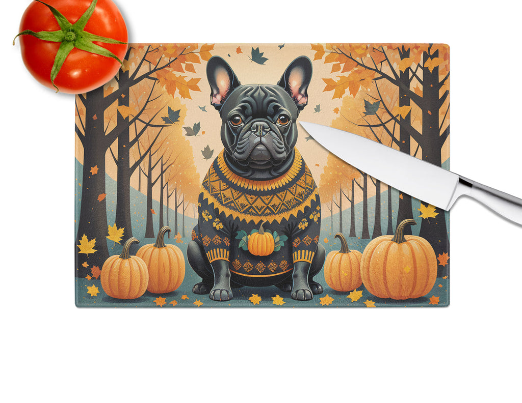 Black French Bulldog Fall Cutting Board Tempered Glass Kitchen Cutting Surface, Heat Resistant Chopping, Non-Slip Feet, Food Prep & Serving