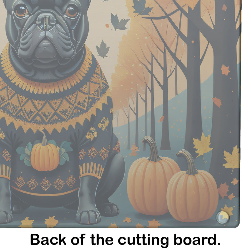 Black French Bulldog Fall Cutting Board Tempered Glass Kitchen Cutting Surface, Heat Resistant Chopping, Non-Slip Feet, Food Prep & Serving