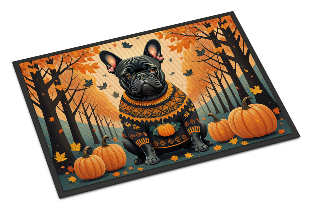 Black French Bulldog Fall Doormat Indoor Outdoor 18H X 27W Front Door Mat Rugs for Entryway, Non Slip Washable