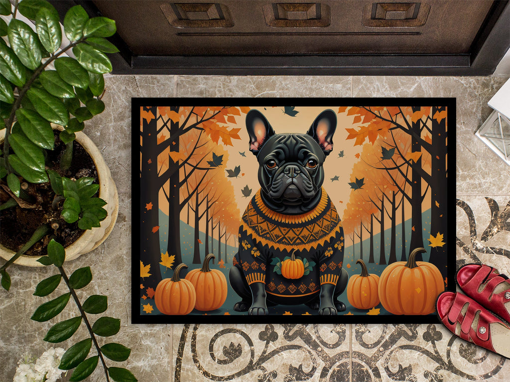 Black French Bulldog Fall Doormat Indoor Outdoor 18H X 27W Front Door Mat Rugs for Entryway, Non Slip Washable