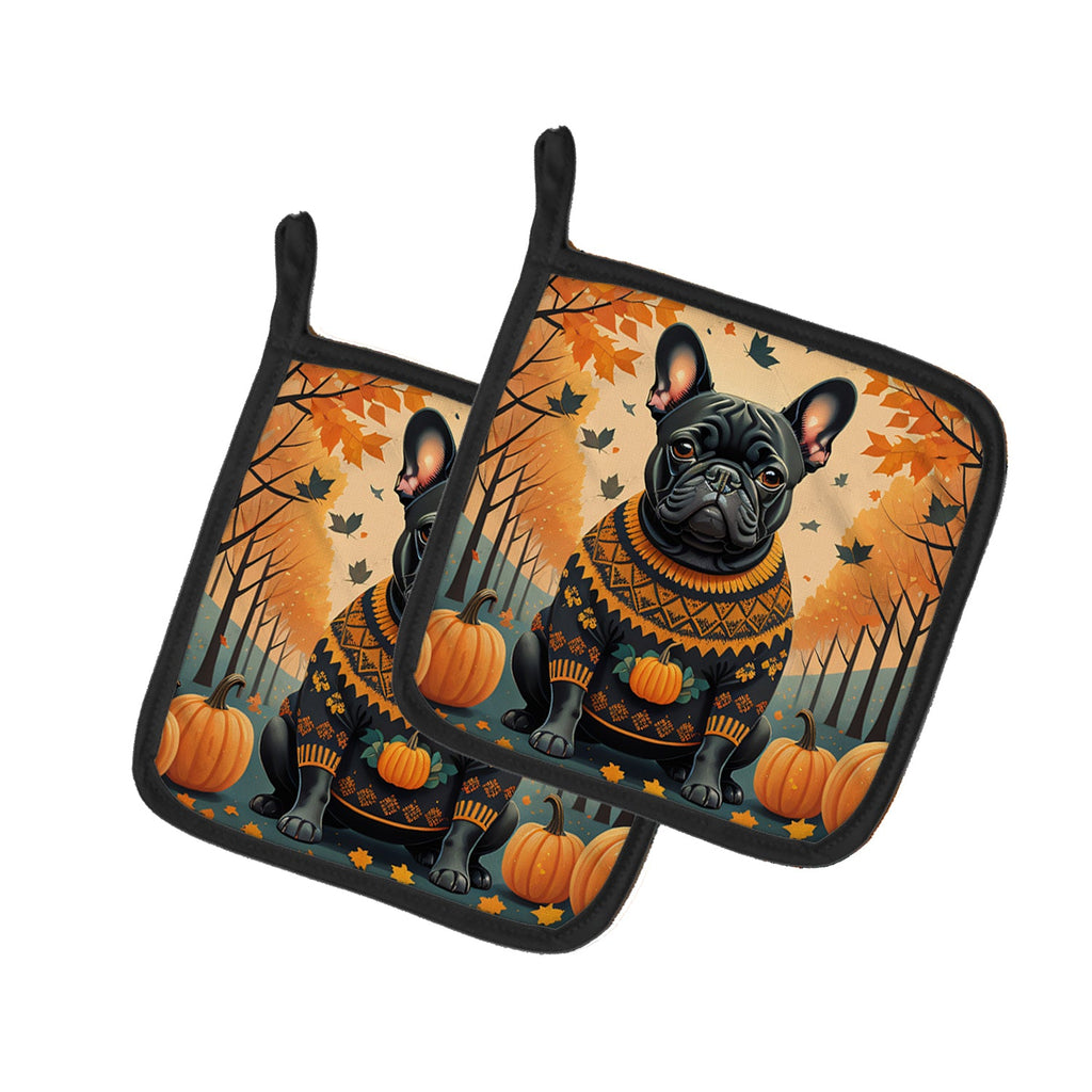 Black French Bulldog Fall Pot Holder Set of 2 Heat Resistant Quilted Hot Pads 7.5 x 7.5 Inch, Insulated Kitchen Trivets for Cooking & Baking