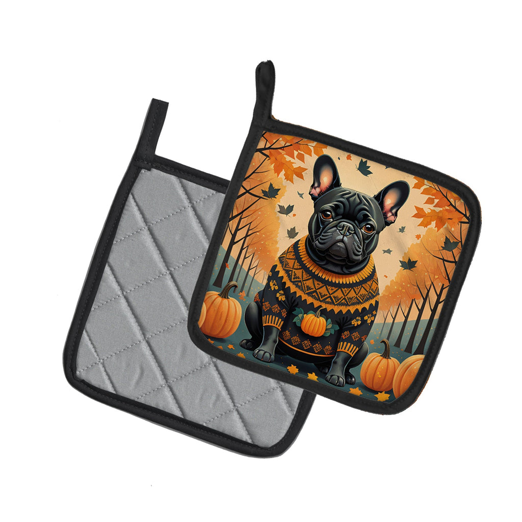 Black French Bulldog Fall Pot Holder Set of 2 Heat Resistant Quilted Hot Pads 7.5 x 7.5 Inch, Insulated Kitchen Trivets for Cooking & Baking