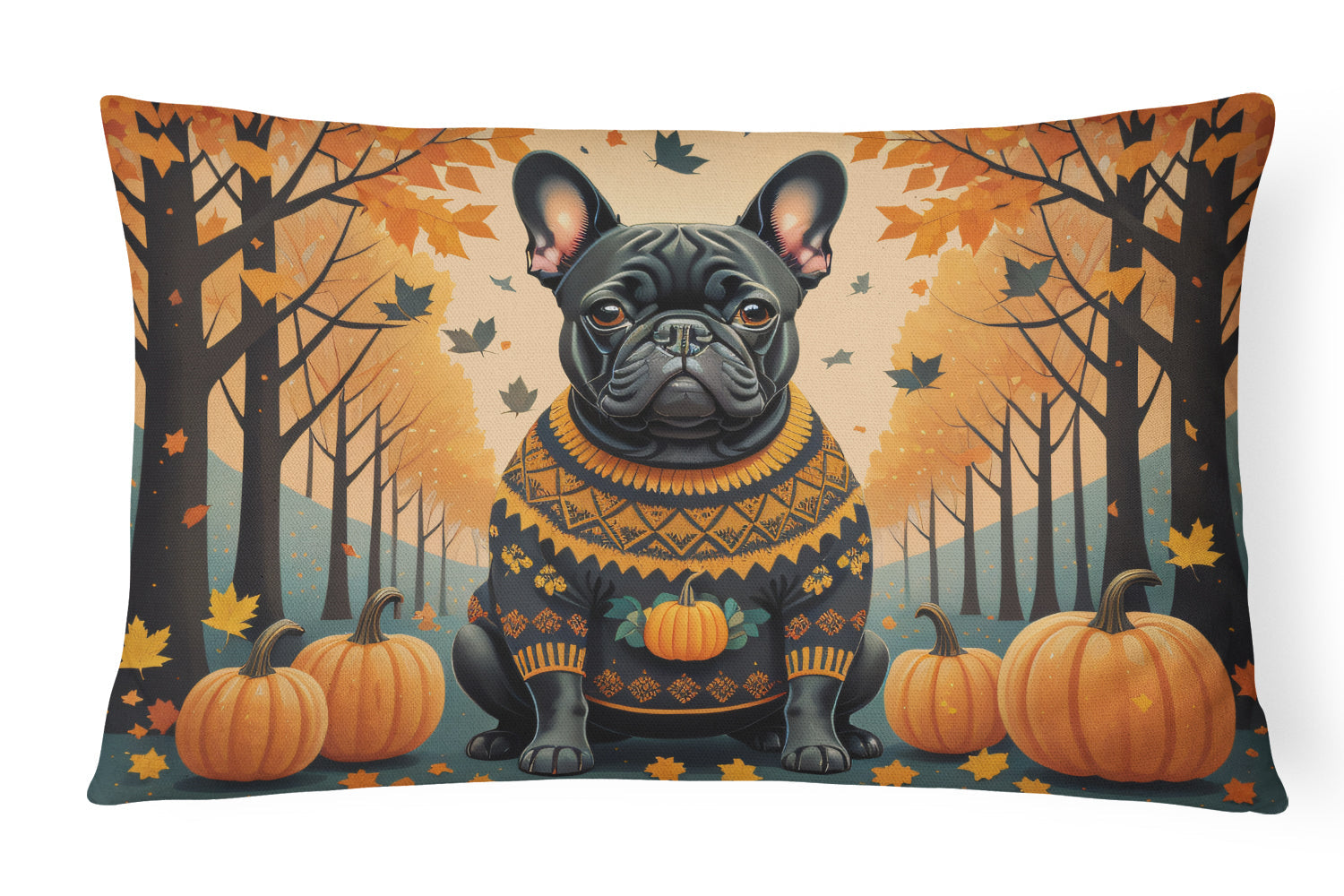Black French Bulldog Fall Decorative Throw Pillow 12x16 Indoor Outdoor Accent Cushion, Fabric Cover with Insert for Sofa, Bed, Porch & Living Room