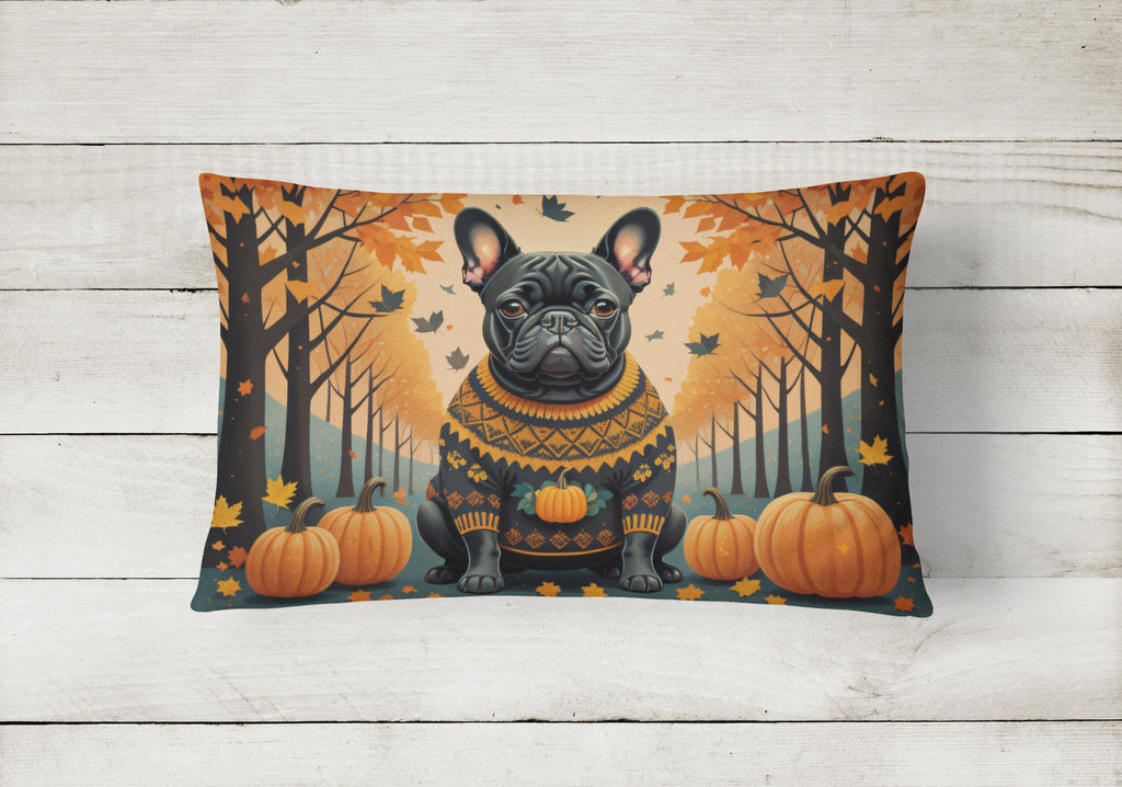 Black French Bulldog Fall Decorative Throw Pillow 12x16 Indoor Outdoor Accent Cushion, Fabric Cover with Insert for Sofa, Bed, Porch & Living Room