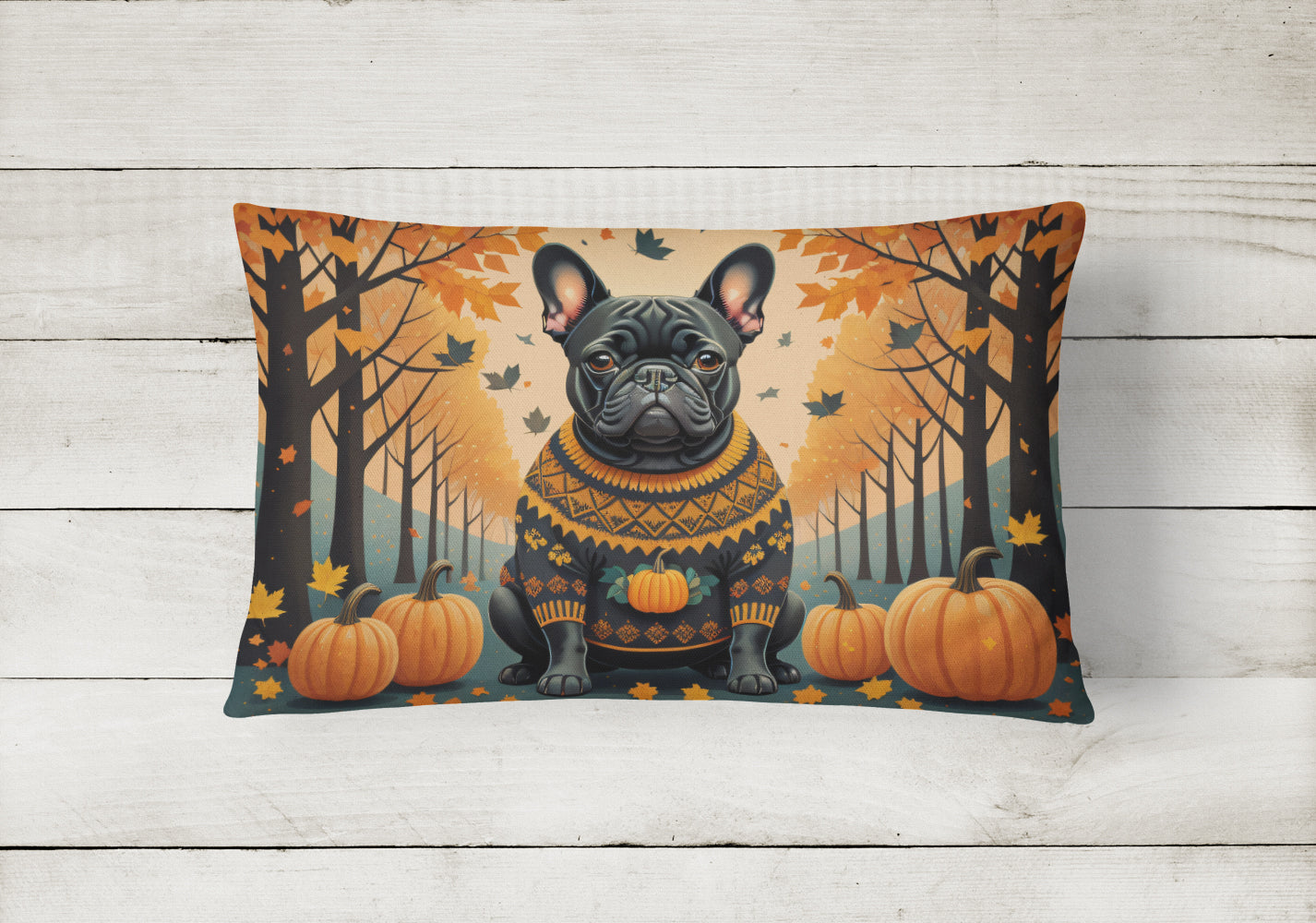 Black French Bulldog Fall Decorative Throw Pillow 12x16 Indoor Outdoor Accent Cushion, Fabric Cover with Insert for Sofa, Bed, Porch & Living Room