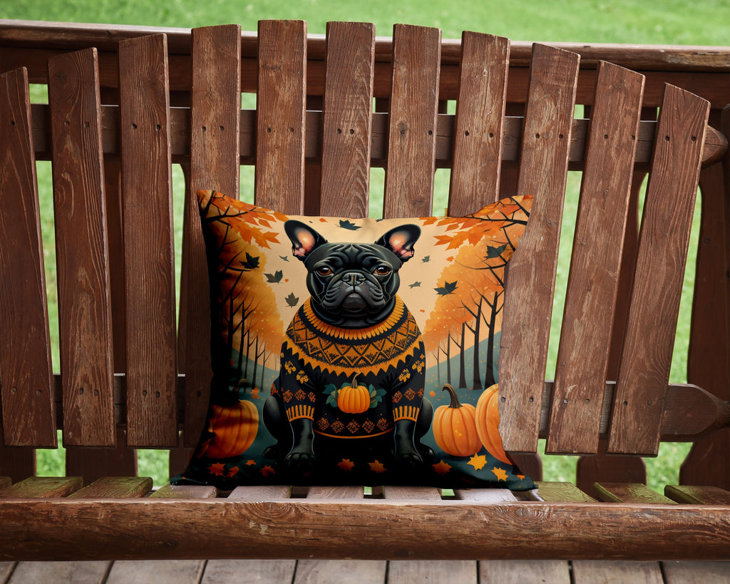 Black French Bulldog Fall Decorative Throw Pillow 14x14 Indoor Outdoor Accent Cushion, Fabric Cover with Insert for Sofa, Bed, Porch & Living Room