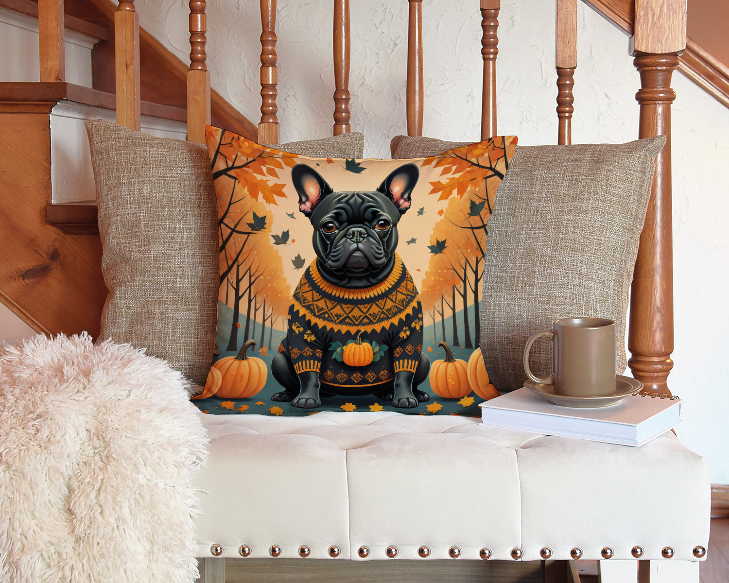 Black French Bulldog Fall Decorative Throw Pillow 14x14 Indoor Outdoor Accent Cushion, Fabric Cover with Insert for Sofa, Bed, Porch & Living Room