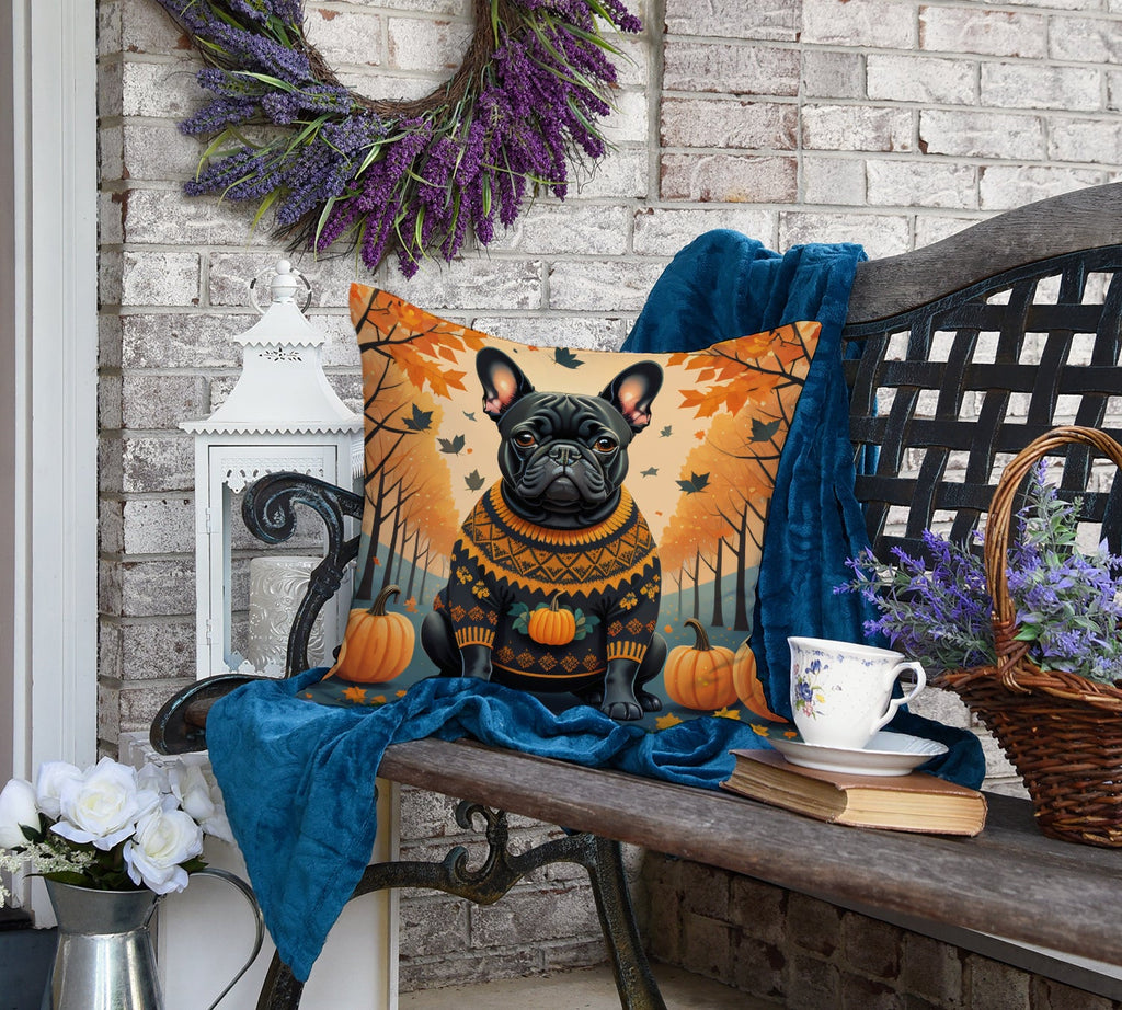 Black French Bulldog Fall Decorative Throw Pillow 18x18 Indoor Outdoor Accent Cushion, Fabric Cover with Insert for Sofa, Bed, Porch & Living Room
