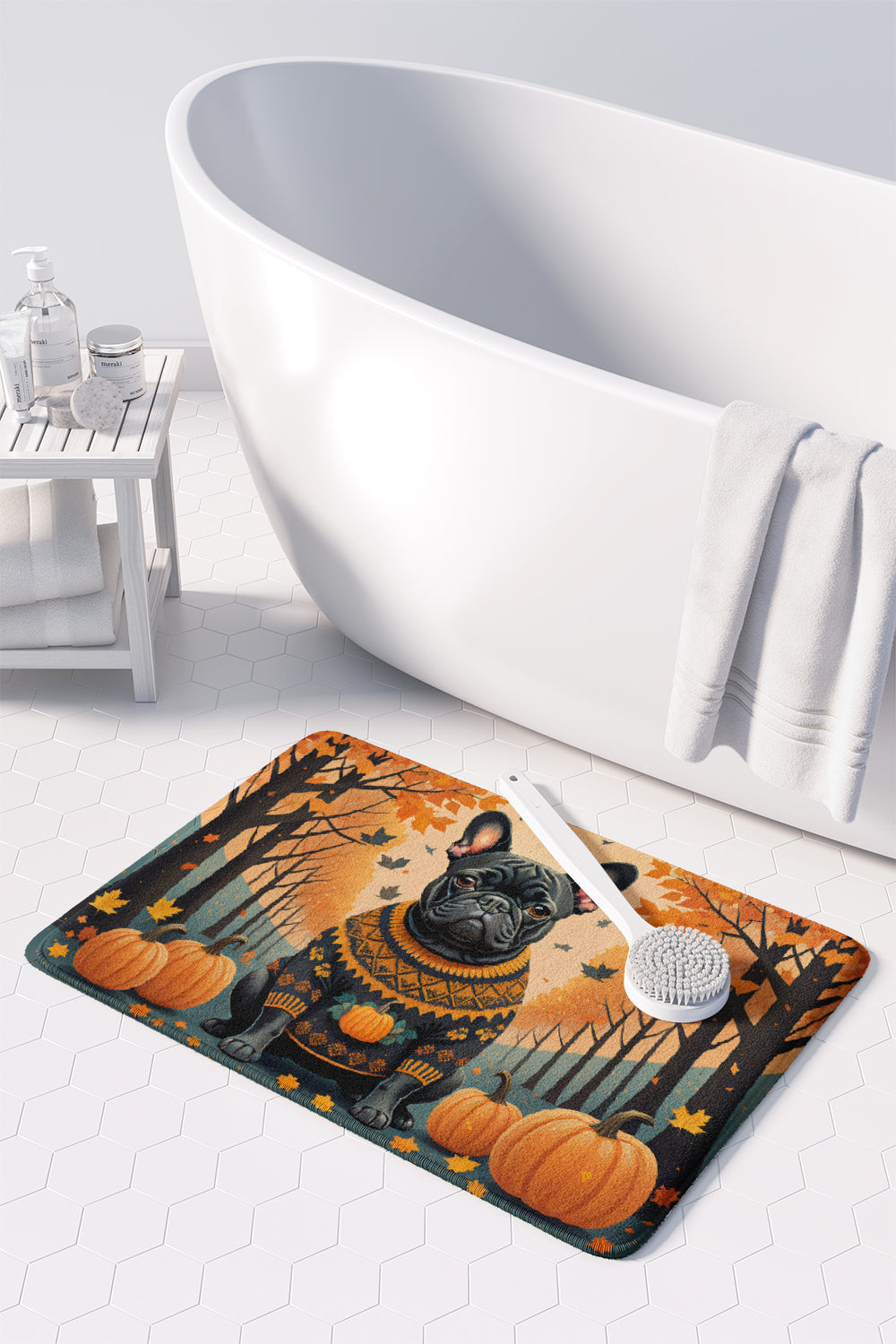 Black French Bulldog Fall Memory Foam Kitchen Mat Machine Washable Anti-Fatigue Cushion Comfort Bath or Kitchen Rug