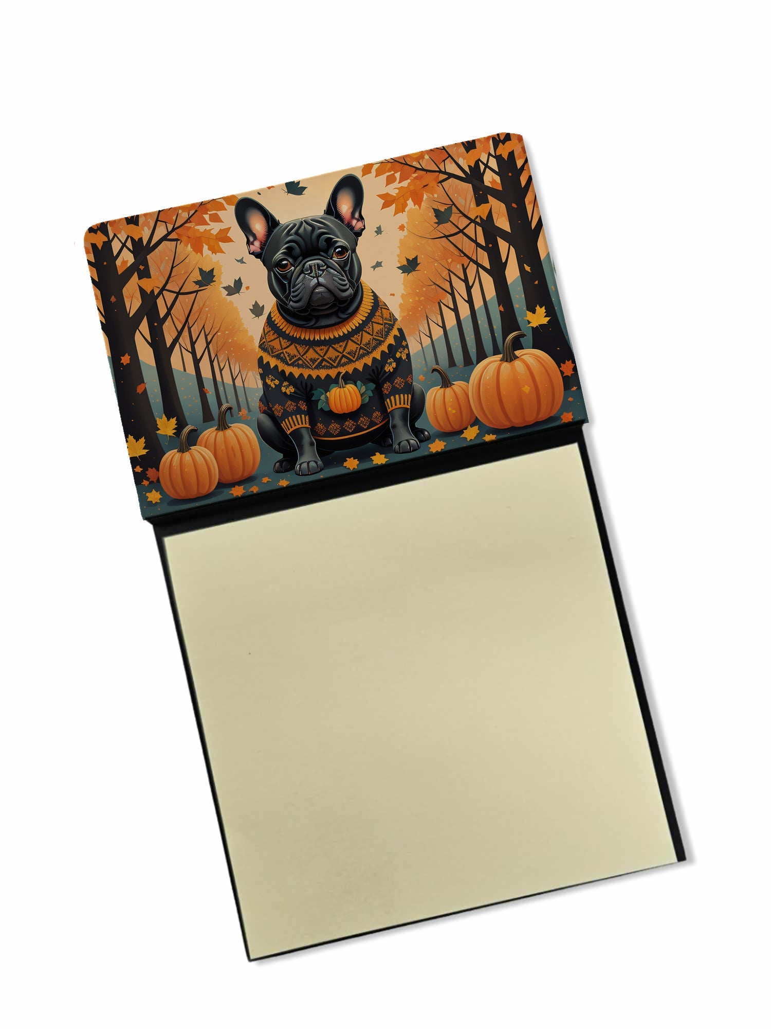 Black French Bulldog Fall Watercolor Sticky Note Holder Refillable Dispenser Desk Accessory 3x3 Pad Gift
