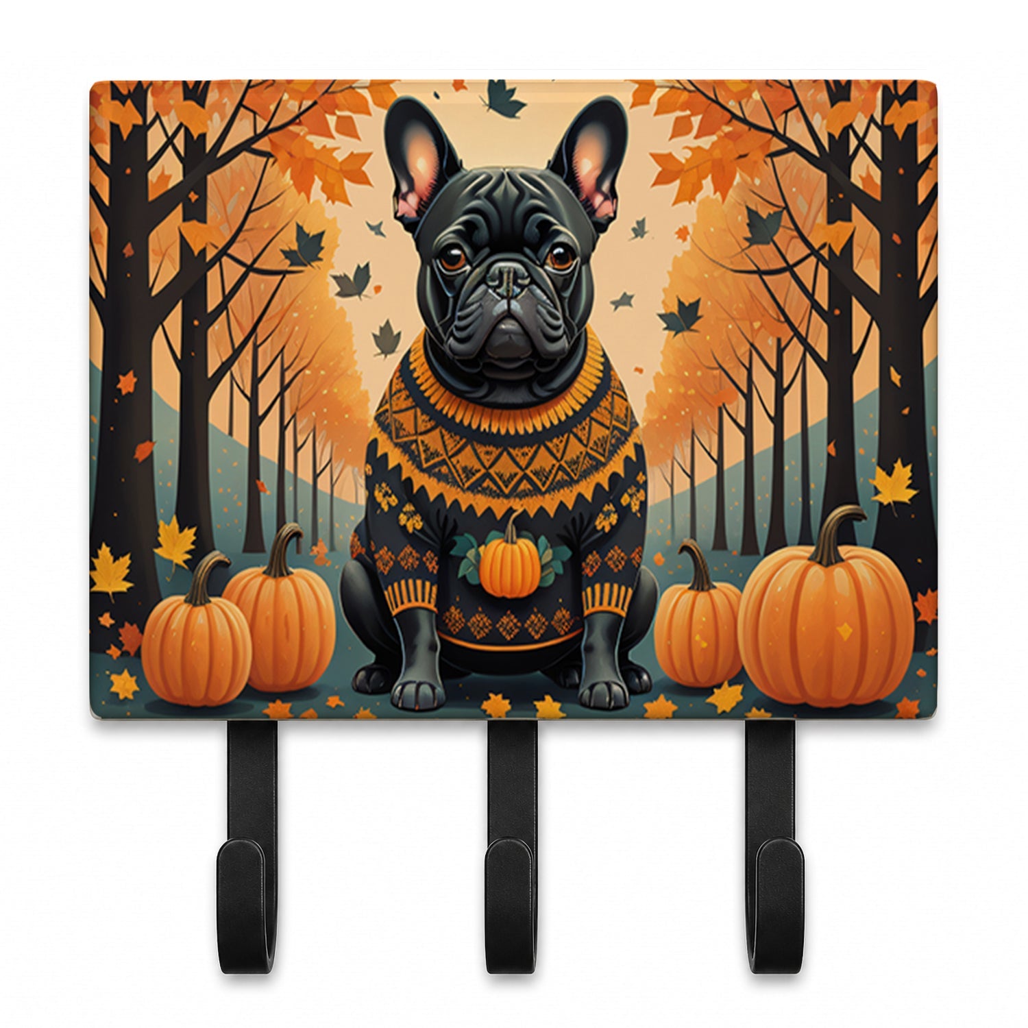 Black French Bulldog Fall Leash or Key Holder Wall Hooks, Coat Rack Wall Mount, for Hanging Keys, Towels, Aprons, Leashes