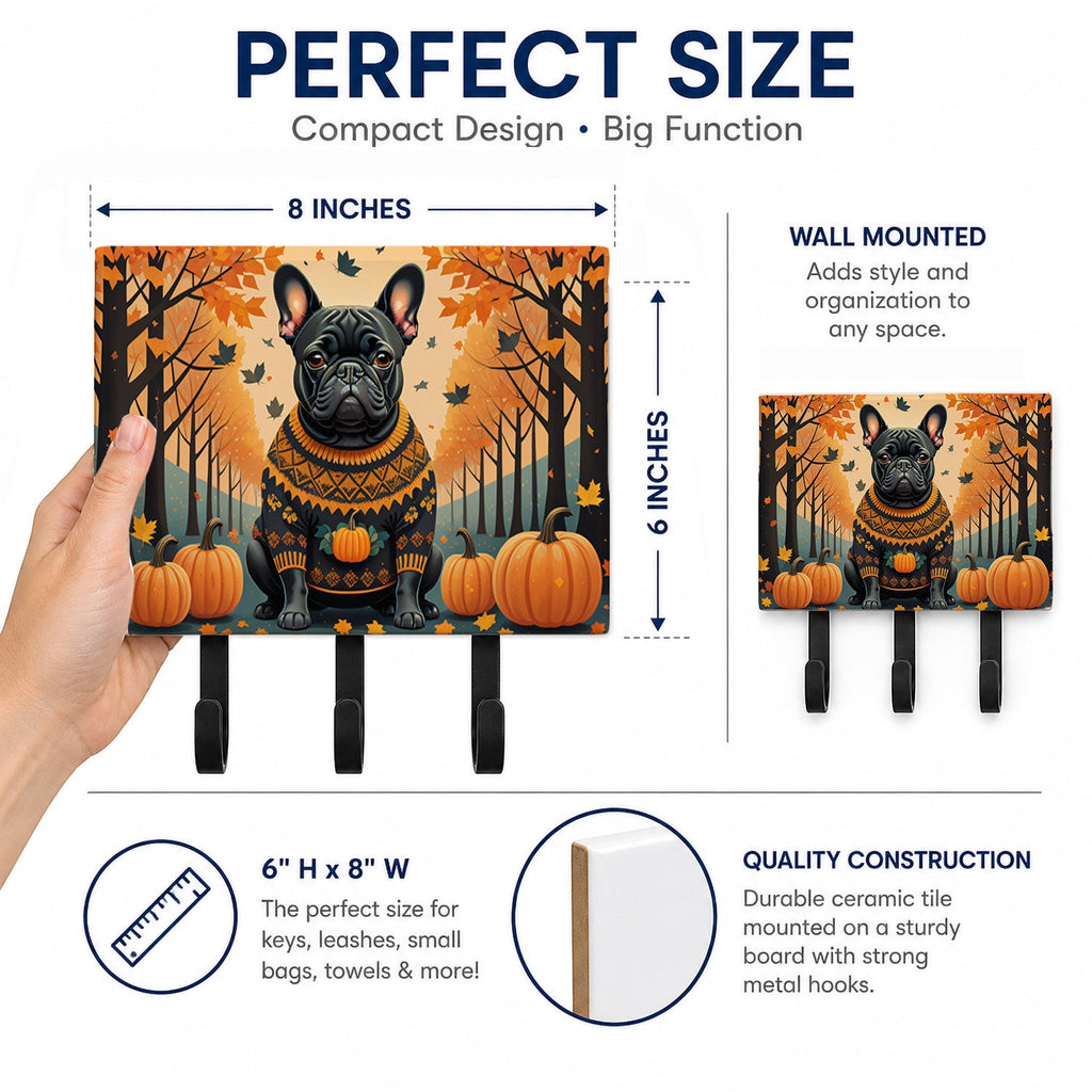 Black French Bulldog Fall Leash or Key Holder Wall Hooks, Coat Rack Wall Mount, for Hanging Keys, Towels, Aprons, Leashes