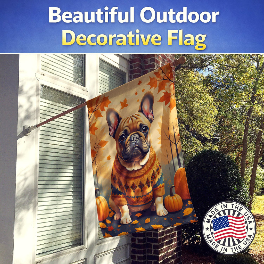 Fawn French Bulldog Fall House Flag 28x40 Porch Sleeve Pole Decorative Outside Yard Banner Artwork Wall Hanging, Polyester
