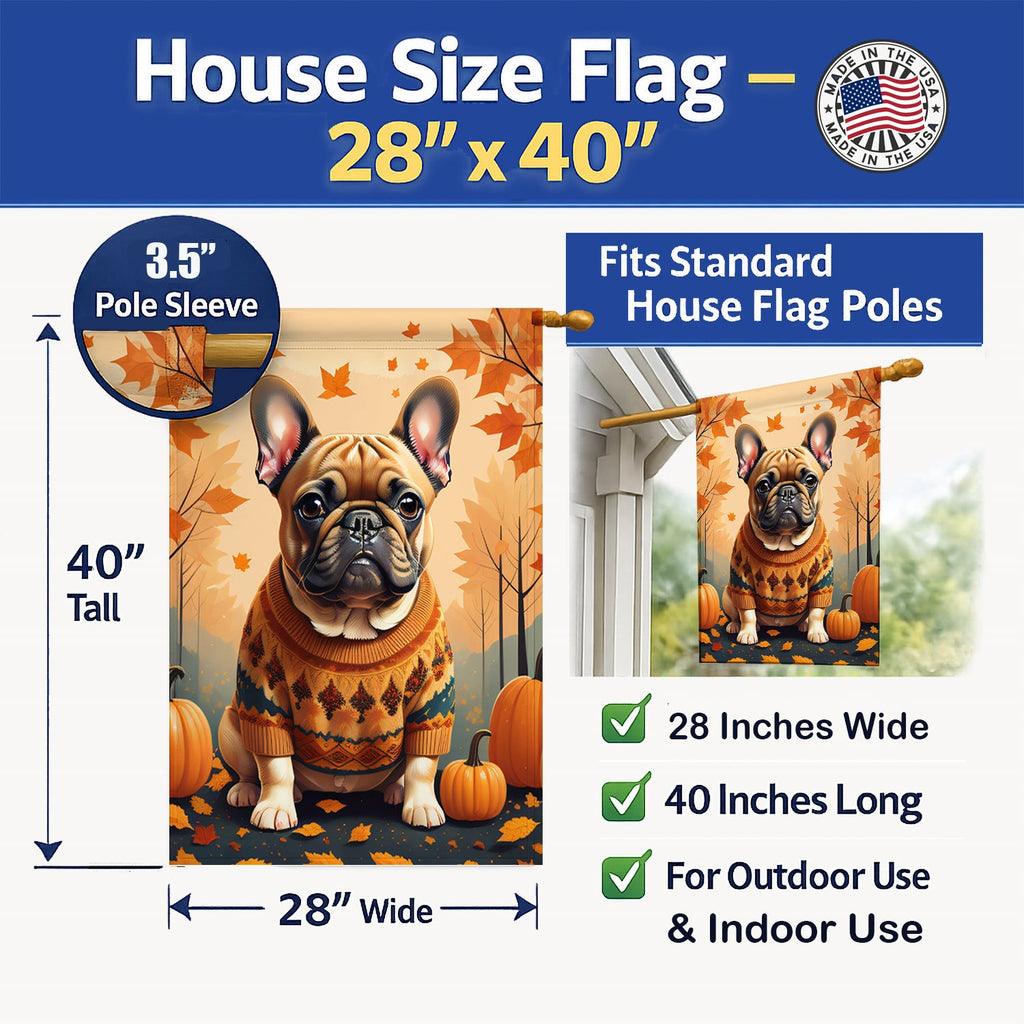 Fawn French Bulldog Fall House Flag 28x40 Porch Sleeve Pole Decorative Outside Yard Banner Artwork Wall Hanging, Polyester