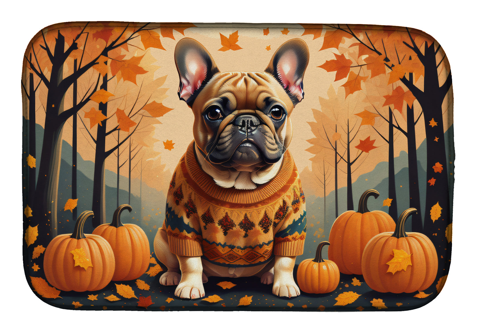 Fawn French Bulldog Fall Dish Drying Mat Absorbent Dish Drying Mat Pad for Kitchen Counter Dish Drainer Mat for Countertop, 14 x 21", Multicolor
