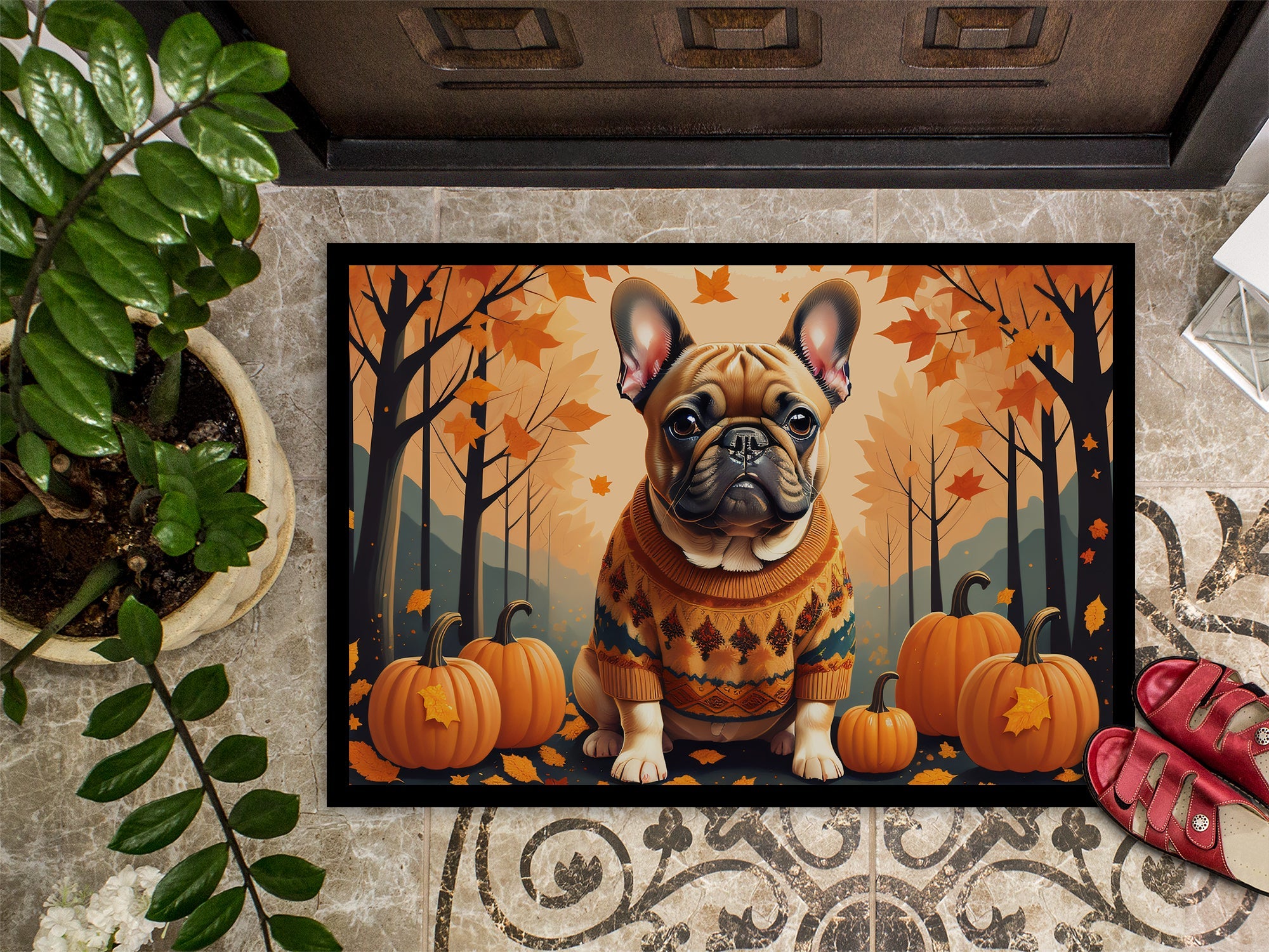 Fawn French Bulldog Fall Doormat Indoor Outdoor 24H X 36W Front Door Mat Rugs for Entryway, Non Slip Washable Low Pile,