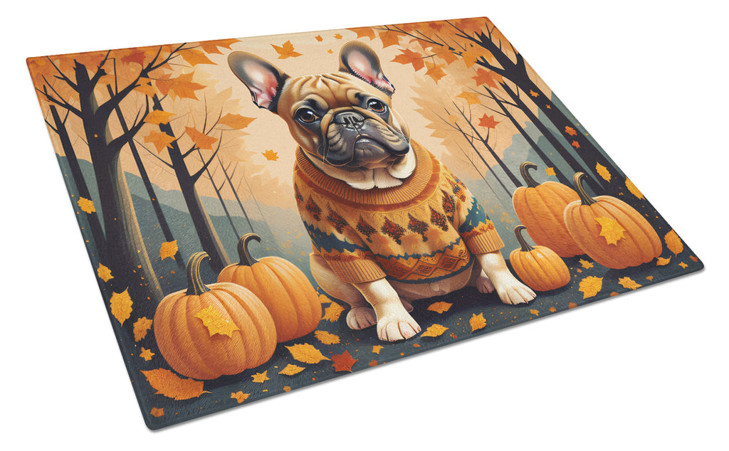 Fawn French Bulldog Fall Cutting Board Tempered Glass Kitchen Cutting Surface, Heat Resistant Chopping, Non-Slip Feet, Food Prep & Serving