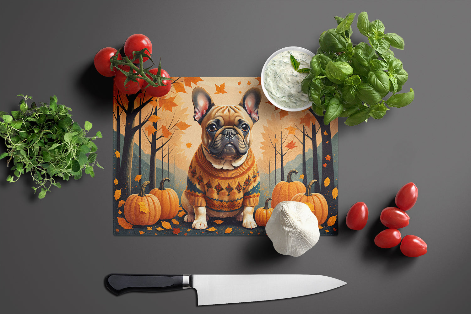 Fawn French Bulldog Fall Cutting Board Tempered Glass Kitchen Cutting Surface, Heat Resistant Chopping, Non-Slip Feet, Food Prep & Serving