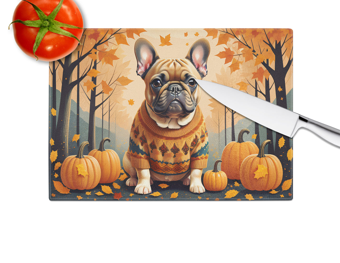 Fawn French Bulldog Fall Cutting Board Tempered Glass Kitchen Cutting Surface, Heat Resistant Chopping, Non-Slip Feet, Food Prep & Serving