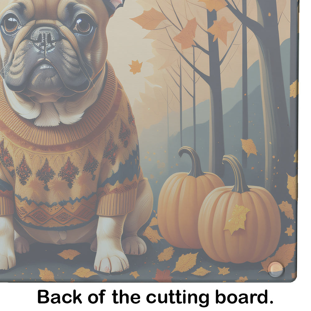 Fawn French Bulldog Fall Cutting Board Tempered Glass Kitchen Cutting Surface, Heat Resistant Chopping, Non-Slip Feet, Food Prep & Serving