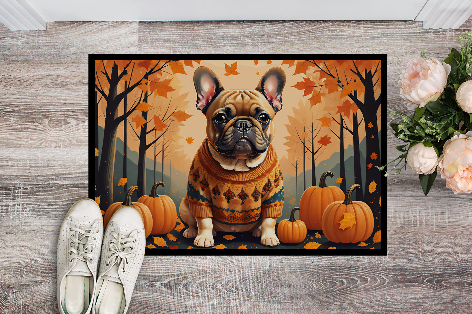 Fawn French Bulldog Fall Doormat Indoor Outdoor 18H X 27W Front Door Mat Rugs for Entryway, Non Slip Washable
