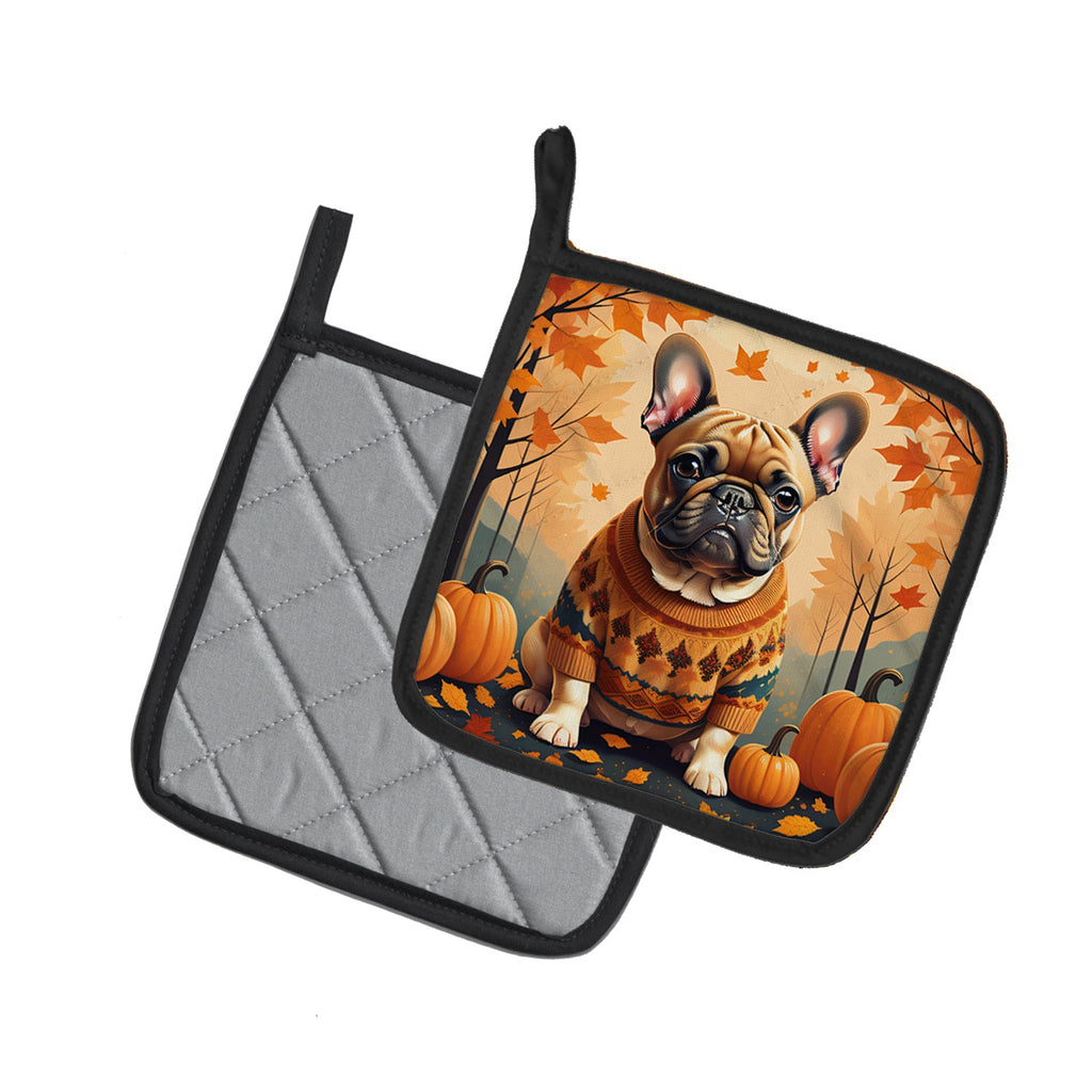Fawn French Bulldog Fall Pot Holder Set of 2 Heat Resistant Quilted Hot Pads 7.5 x 7.5 Inch, Insulated Kitchen Trivets for Cooking & Baking