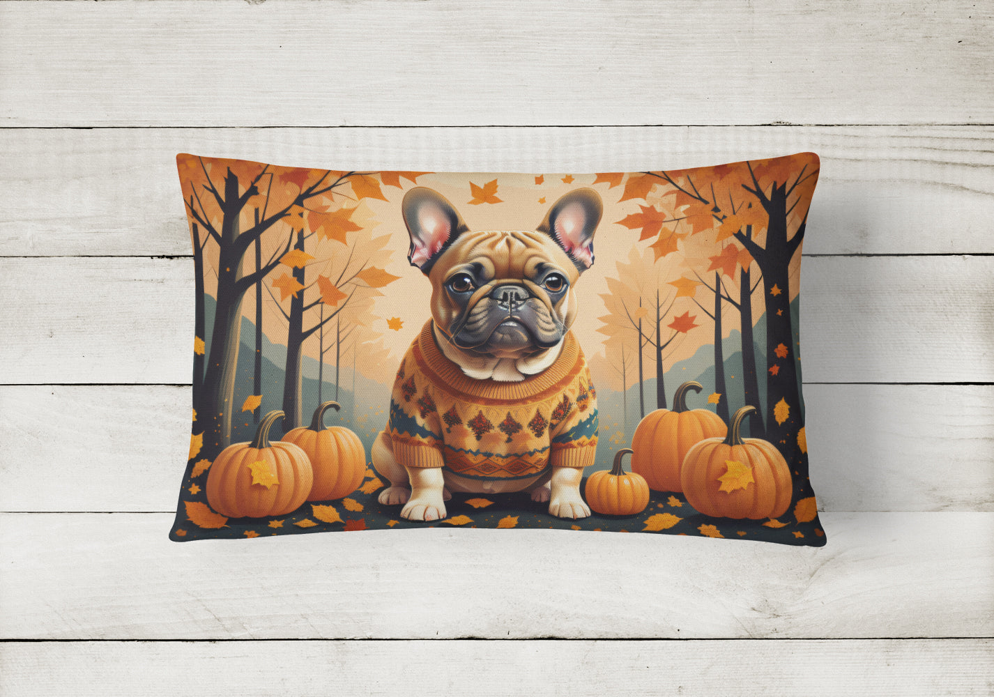 Fawn French Bulldog Fall Decorative Throw Pillow 12x16 Indoor Outdoor Accent Cushion, Fabric Cover with Insert for Sofa, Bed, Porch & Living Room