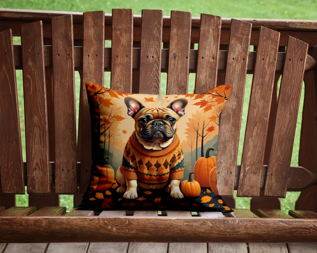 Fawn French Bulldog Fall Decorative Throw Pillow 14x14 Indoor Outdoor Accent Cushion, Fabric Cover with Insert for Sofa, Bed, Porch & Living Room