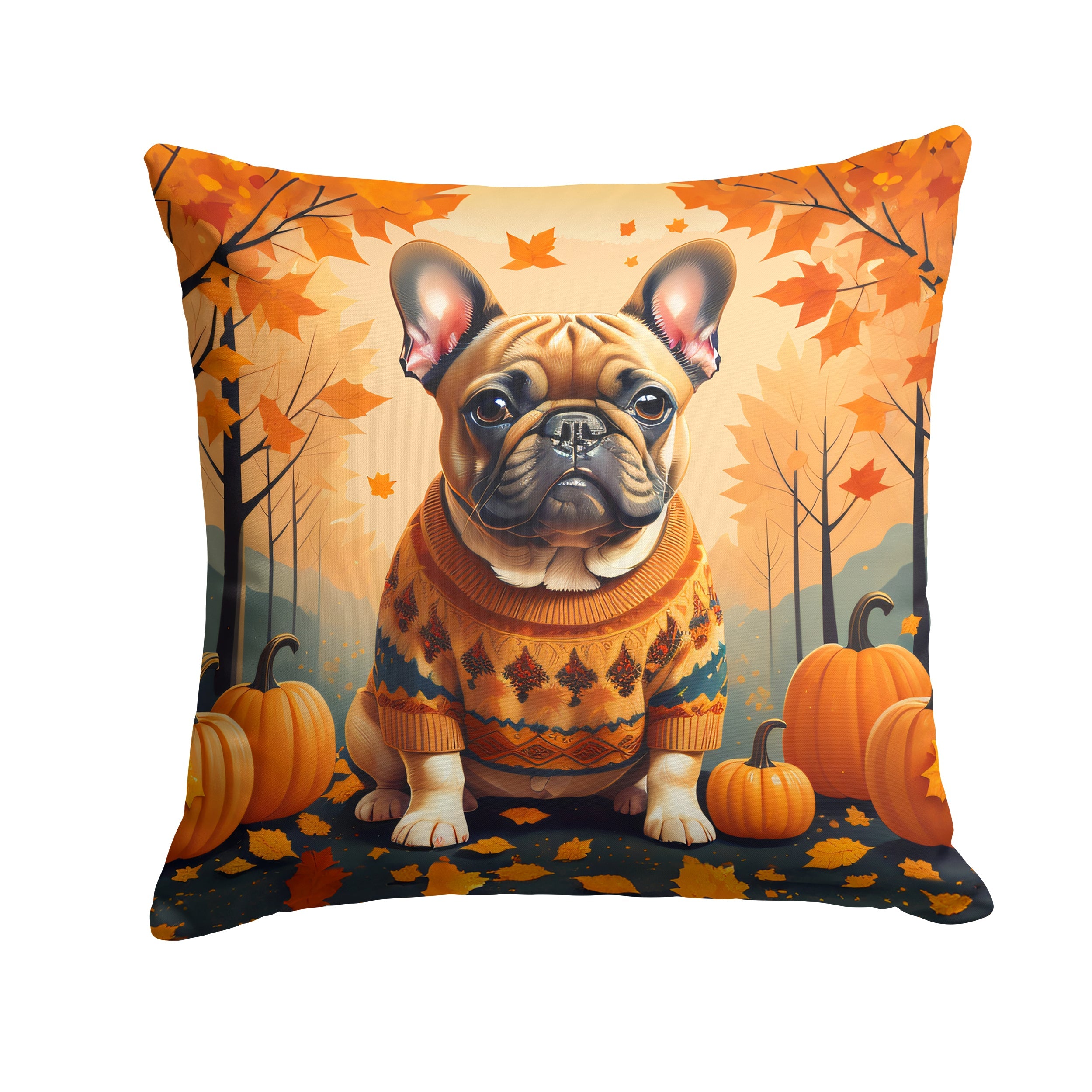 Fawn French Bulldog Fall Decorative Throw Pillow 18x18 Indoor Outdoor Accent Cushion, Fabric Cover with Insert for Sofa, Bed, Porch & Living Room