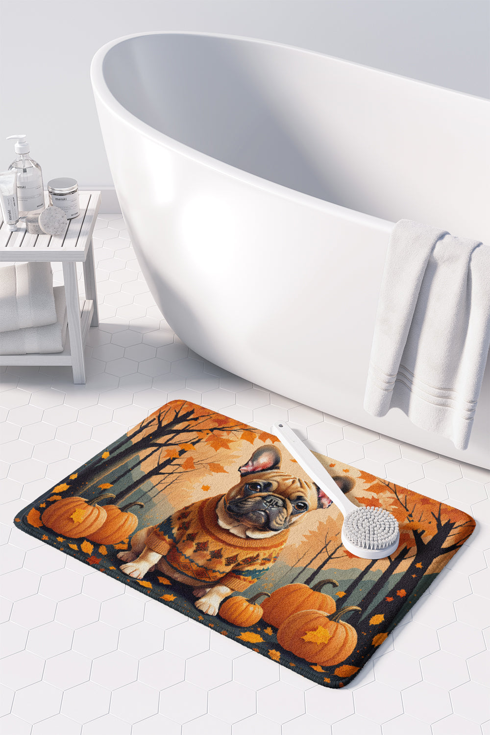 Fawn French Bulldog Fall Memory Foam Kitchen Mat Machine Washable Anti-Fatigue Cushion Comfort Bath or Kitchen Rug