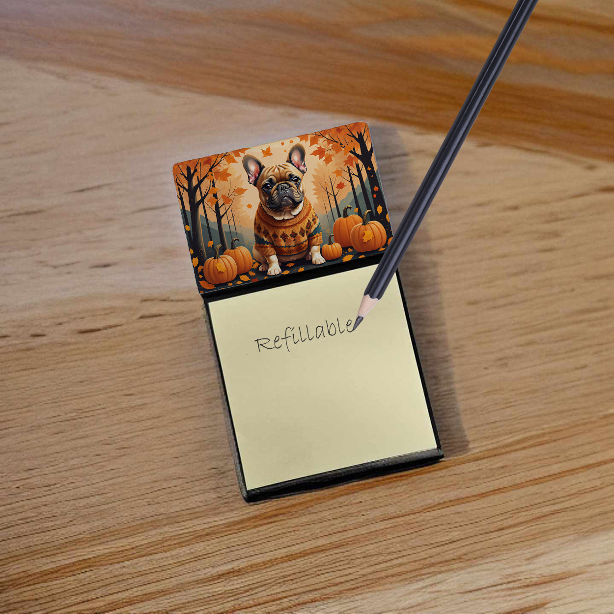Fawn French Bulldog Fall Watercolor Sticky Note Holder Refillable Dispenser Desk Accessory 3x3 Pad Gift