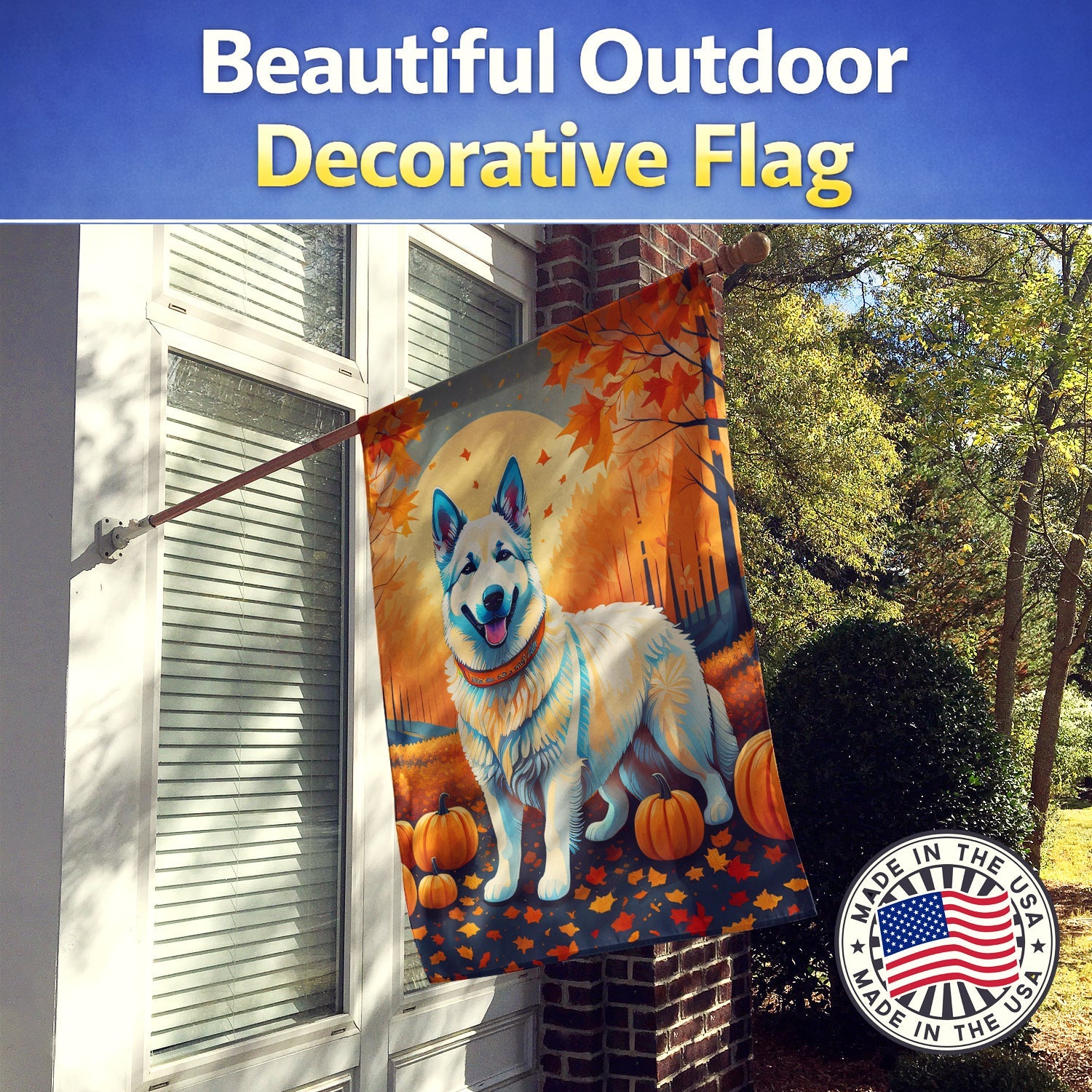 White German Shepherd Fall House Flag 28x40 Porch Sleeve Pole Decorative Outside Yard Banner Artwork Wall Hanging, Polyester