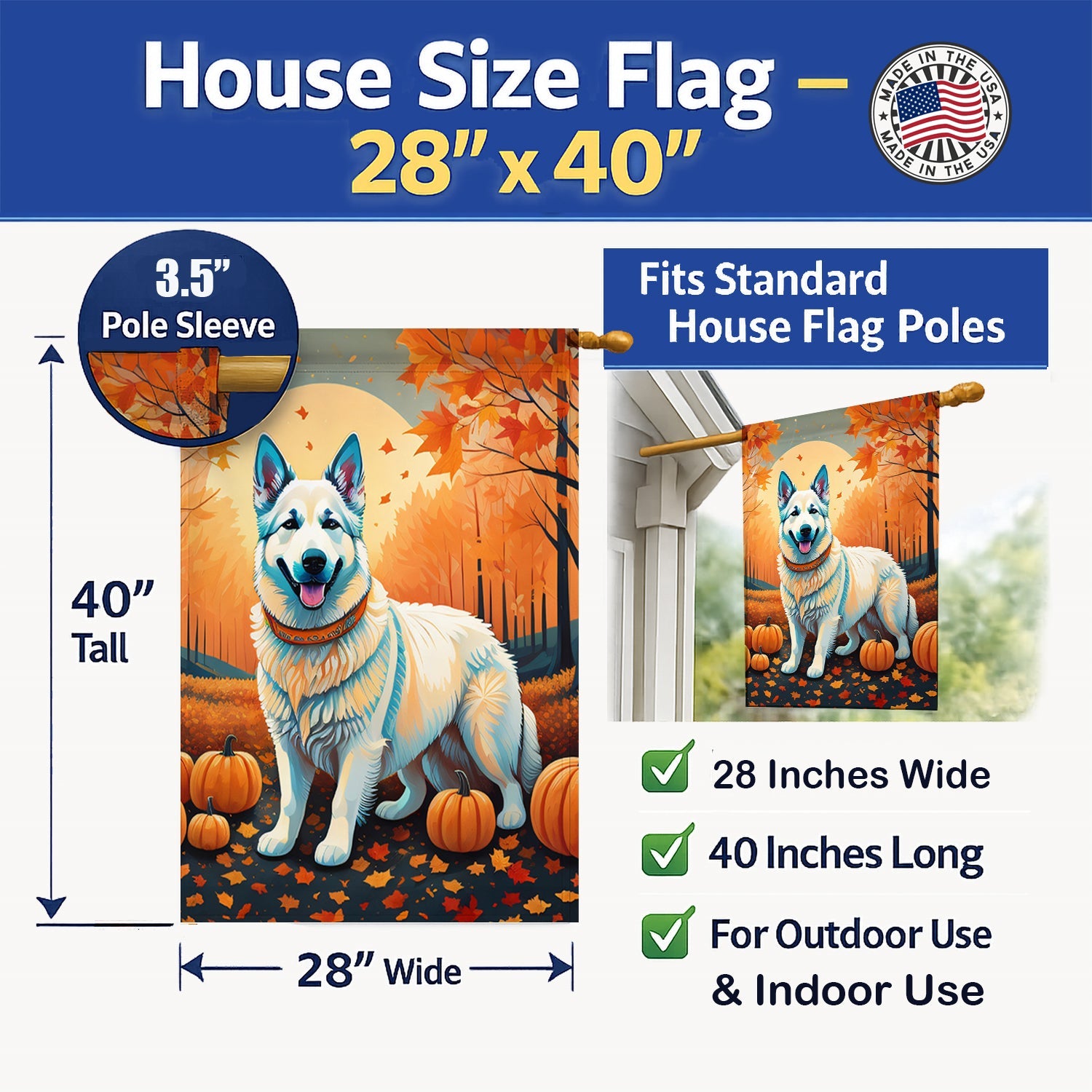 White German Shepherd Fall House Flag 28x40 Porch Sleeve Pole Decorative Outside Yard Banner Artwork Wall Hanging, Polyester