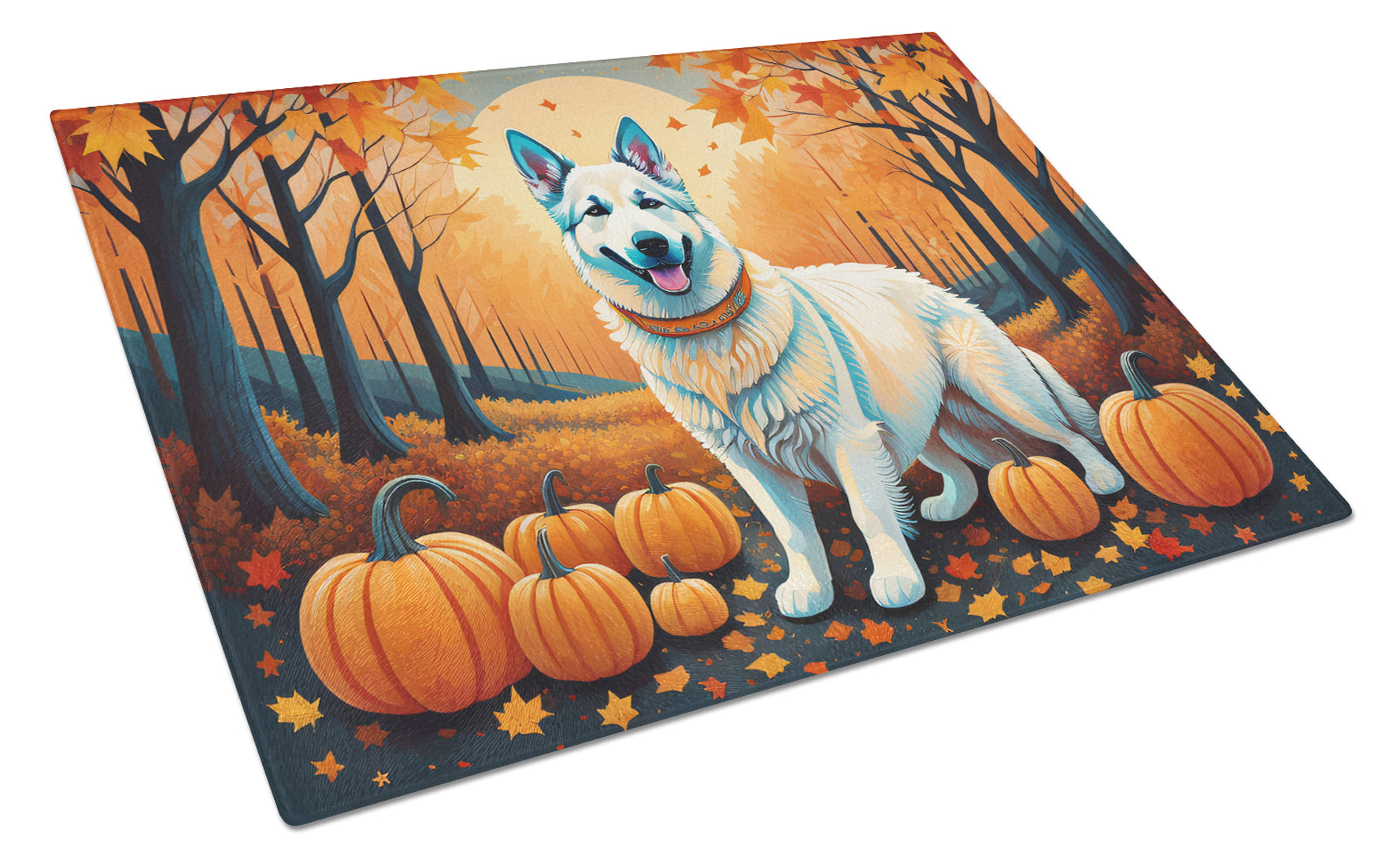 White German Shepherd Fall Cutting Board Tempered Glass Kitchen Cutting Surface, Heat Resistant Chopping, Non-Slip Feet, Food Prep & Serving