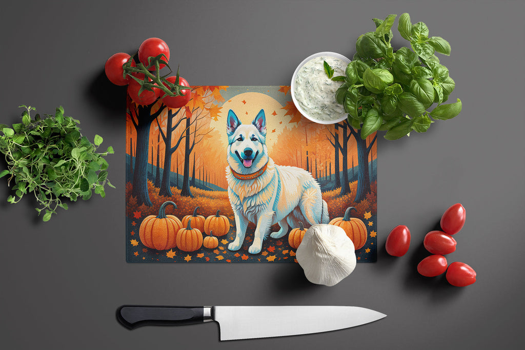 White German Shepherd Fall Cutting Board Tempered Glass Kitchen Cutting Surface, Heat Resistant Chopping, Non-Slip Feet, Food Prep & Serving