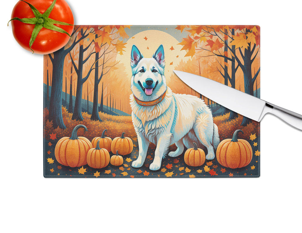 White German Shepherd Fall Cutting Board Tempered Glass Kitchen Cutting Surface, Heat Resistant Chopping, Non-Slip Feet, Food Prep & Serving