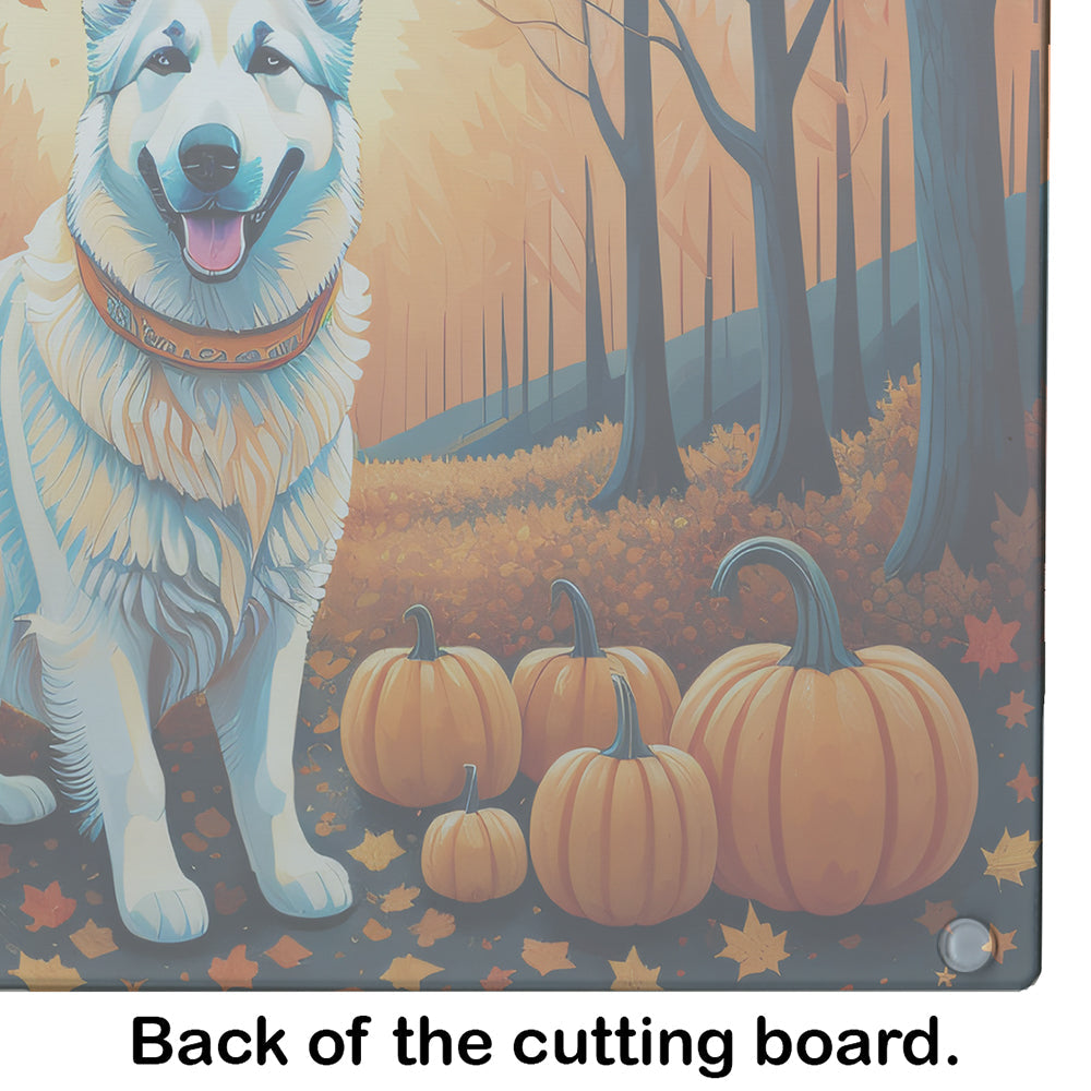 White German Shepherd Fall Cutting Board Tempered Glass Kitchen Cutting Surface, Heat Resistant Chopping, Non-Slip Feet, Food Prep & Serving