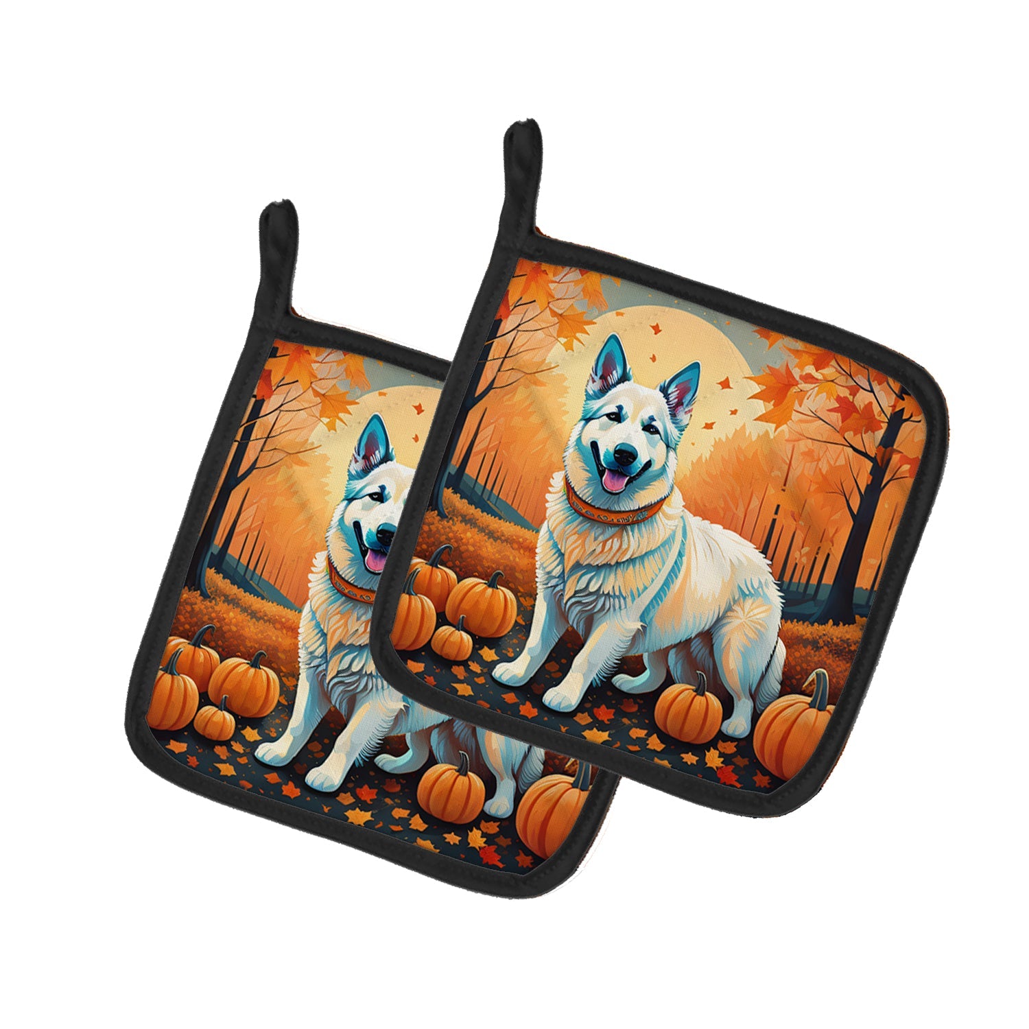 White German Shepherd Fall Pot Holder Set of 2 Heat Resistant Quilted Hot Pads 7.5 x 7.5 Inch, Insulated Kitchen Trivets for Cooking & Baking
