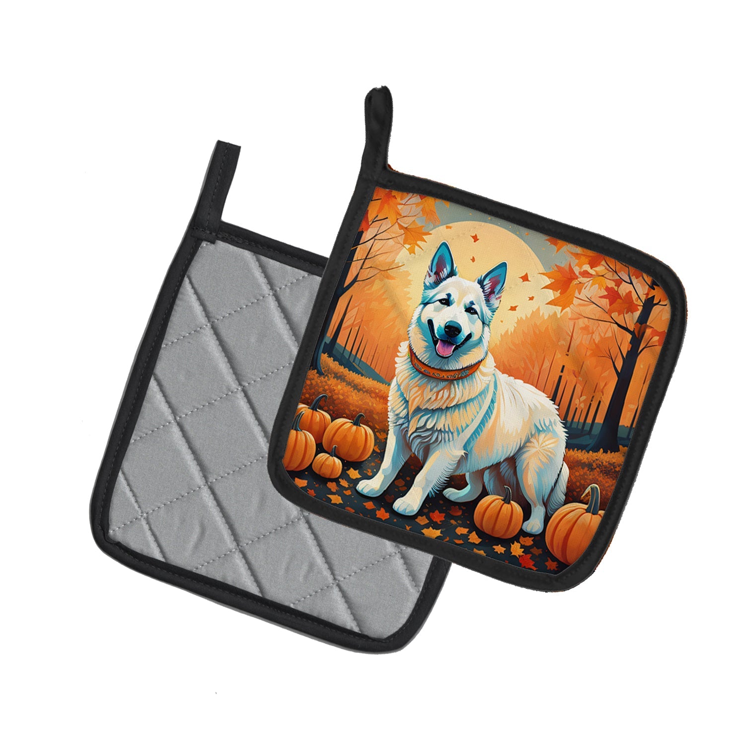 White German Shepherd Fall Pot Holder Set of 2 Heat Resistant Quilted Hot Pads 7.5 x 7.5 Inch, Insulated Kitchen Trivets for Cooking & Baking