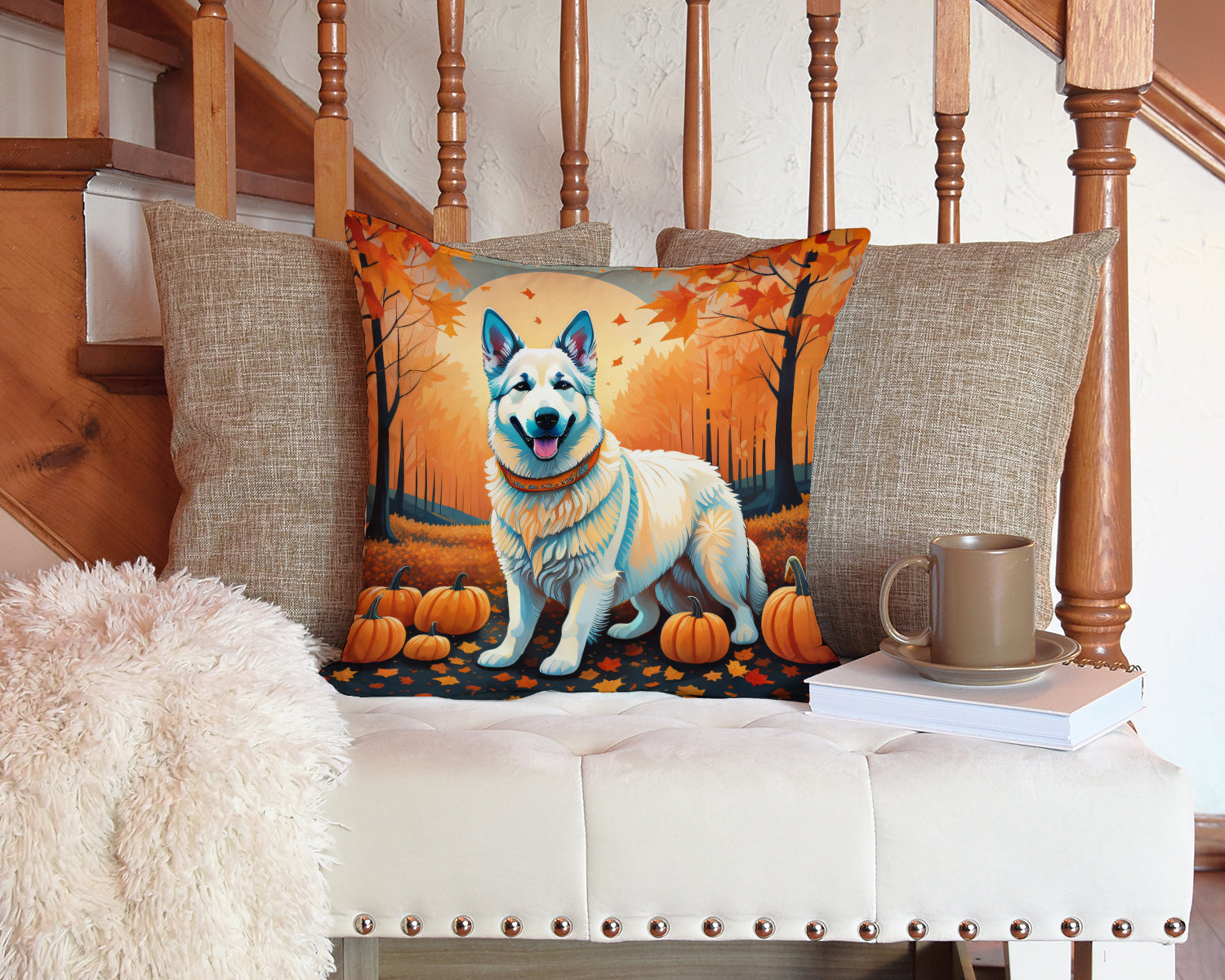 White German Shepherd Fall Decorative Throw Pillow 14x14 Indoor Outdoor Accent Cushion, Fabric Cover with Insert for Sofa, Bed, Porch & Living Room
