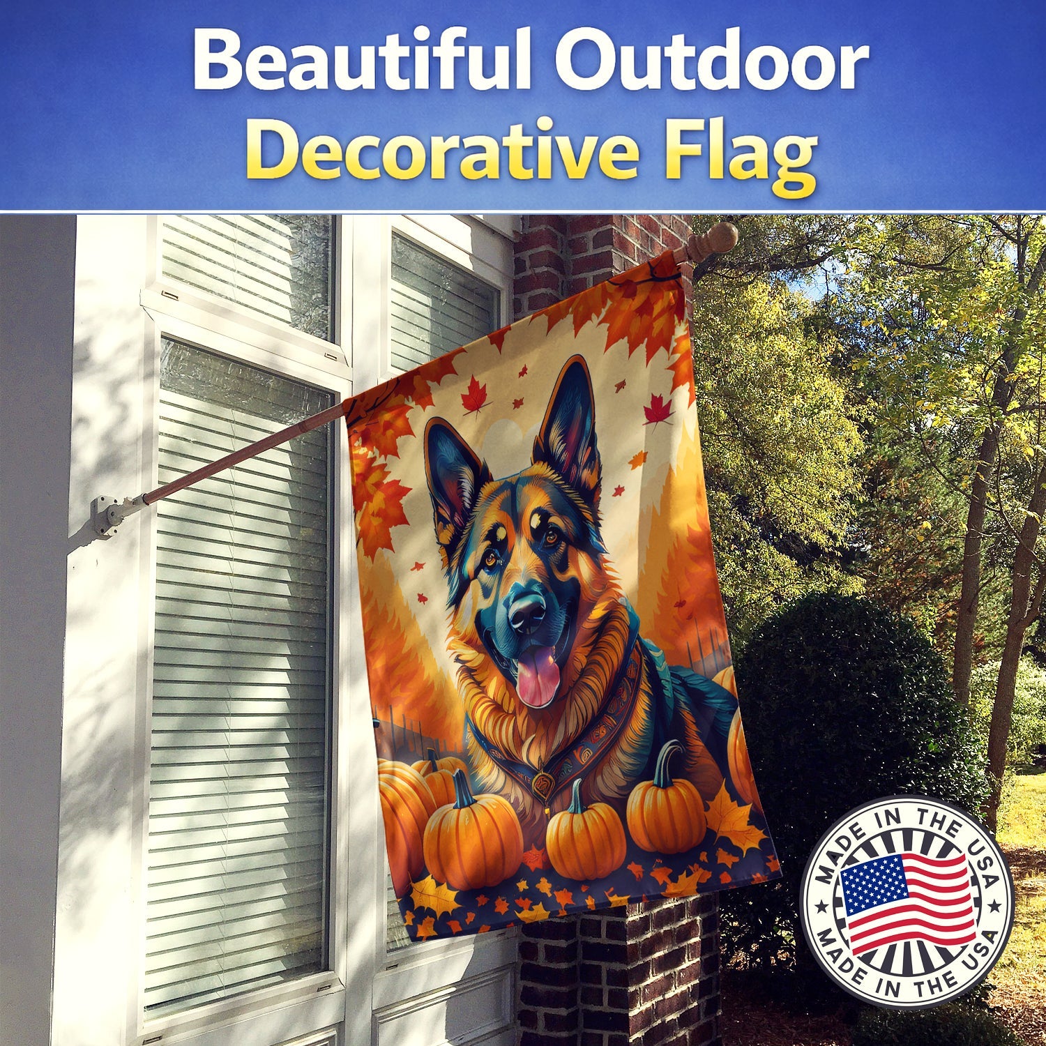 German Shepherd Fall House Flag 28x40 Porch Sleeve Pole Decorative Outside Yard Banner Artwork Wall Hanging, Polyester