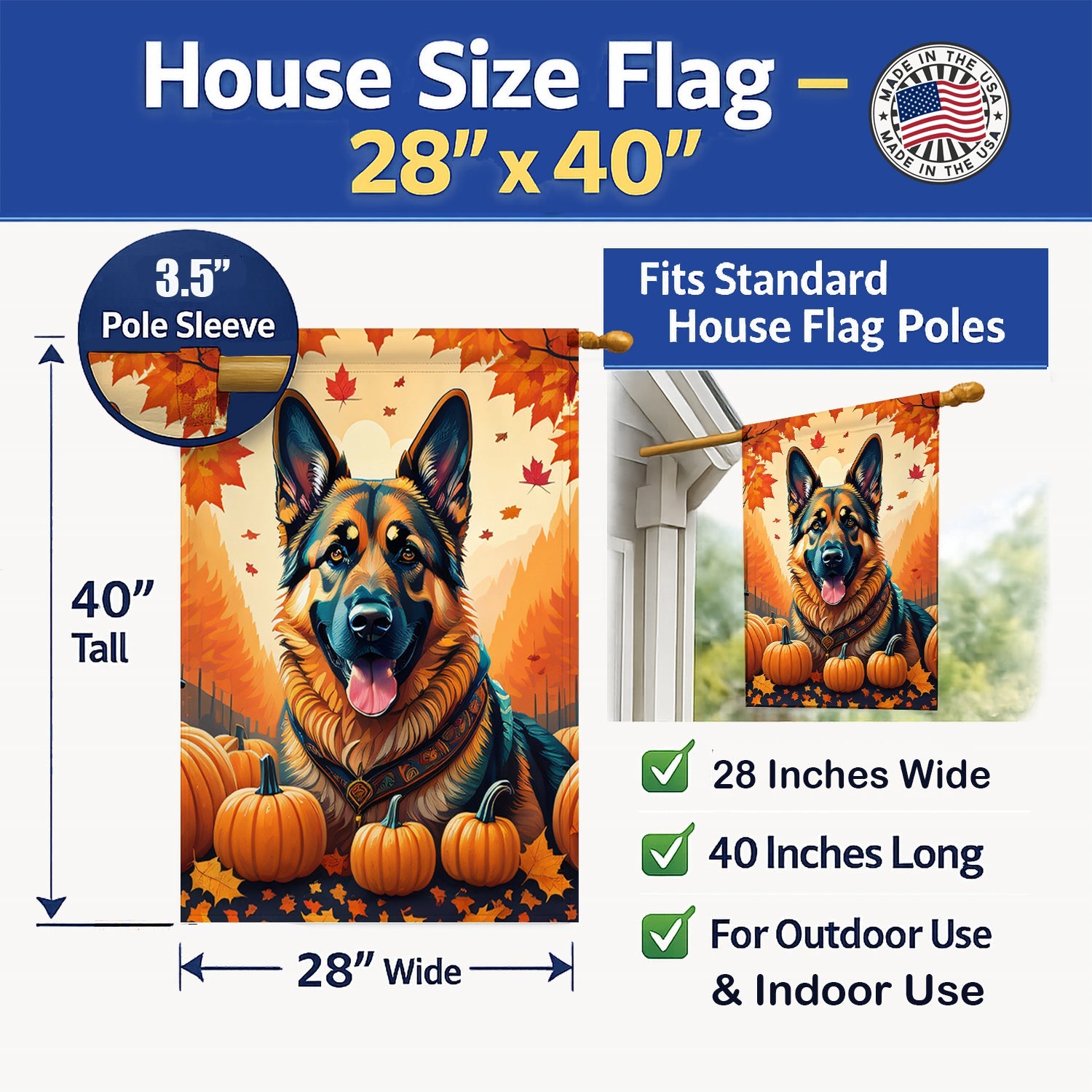 German Shepherd Fall House Flag 28x40 Porch Sleeve Pole Decorative Outside Yard Banner Artwork Wall Hanging, Polyester