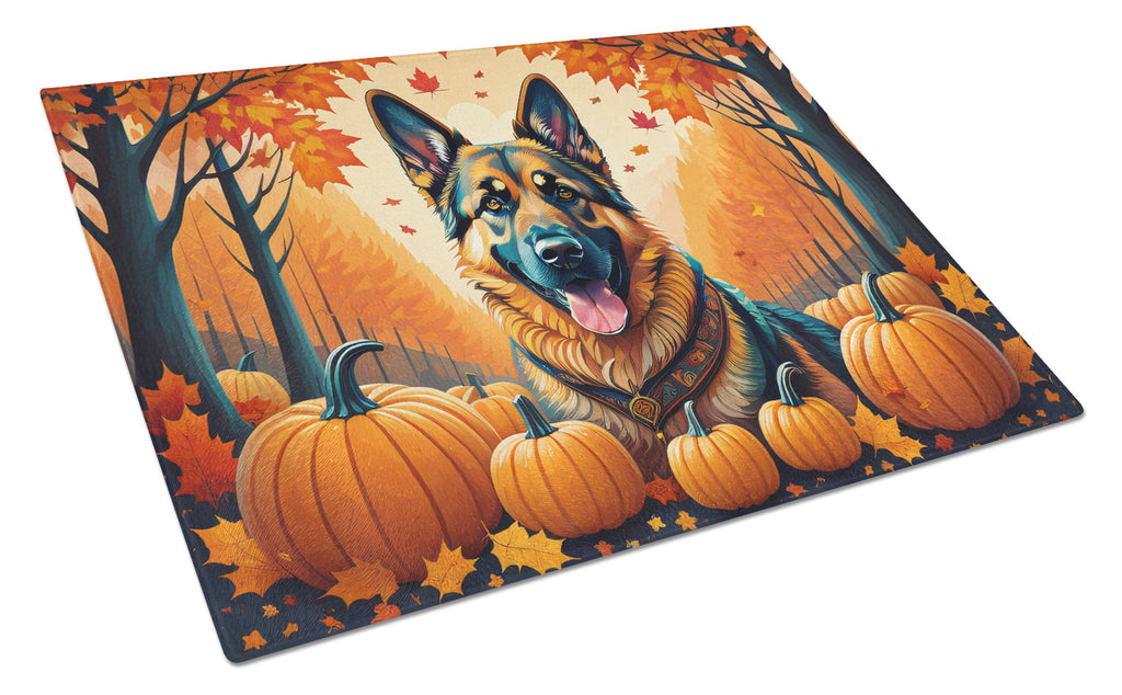 German Shepherd Fall Cutting Board Tempered Glass Kitchen Cutting Surface, Heat Resistant Chopping, Non-Slip Feet, Food Prep & Serving