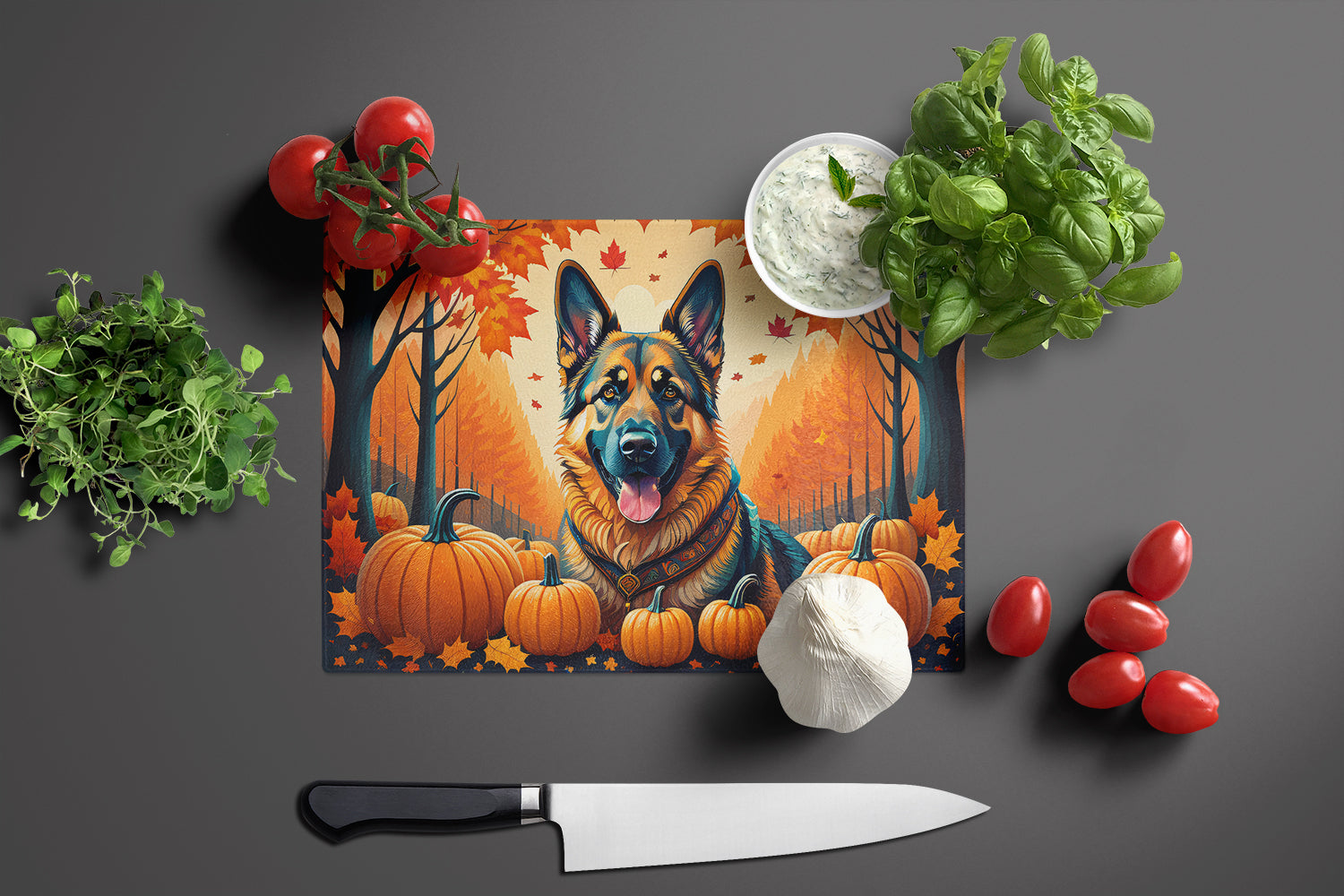 German Shepherd Fall Cutting Board Tempered Glass Kitchen Cutting Surface, Heat Resistant Chopping, Non-Slip Feet, Food Prep & Serving