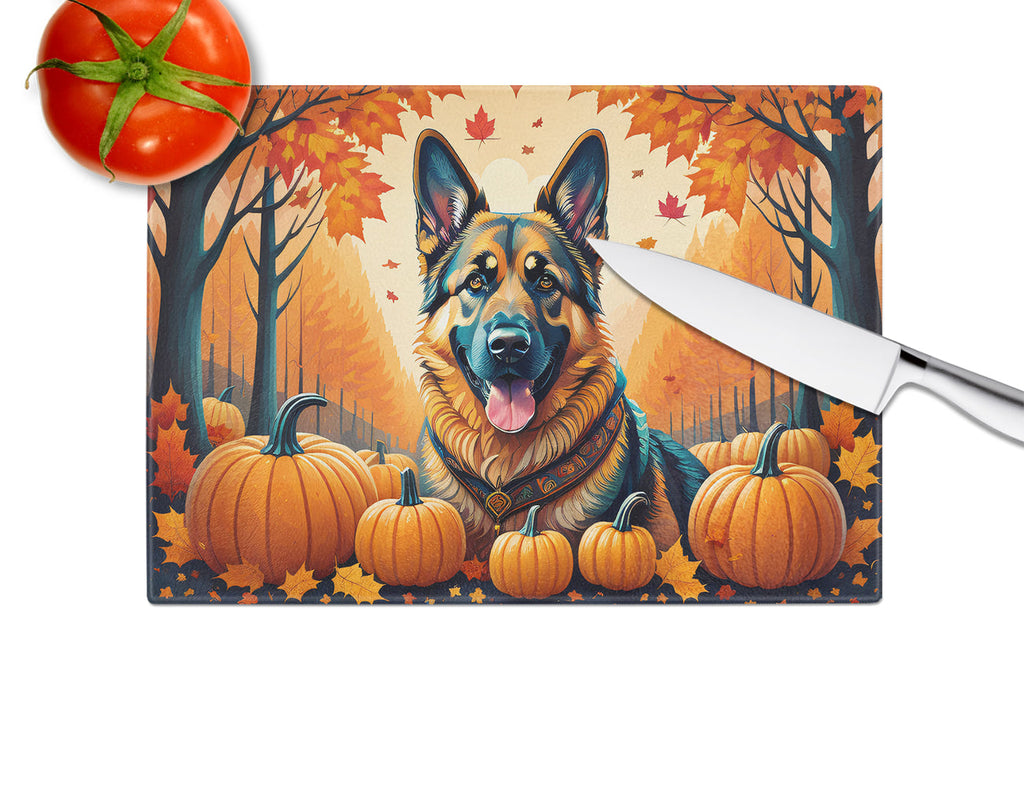 German Shepherd Fall Cutting Board Tempered Glass Kitchen Cutting Surface, Heat Resistant Chopping, Non-Slip Feet, Food Prep & Serving