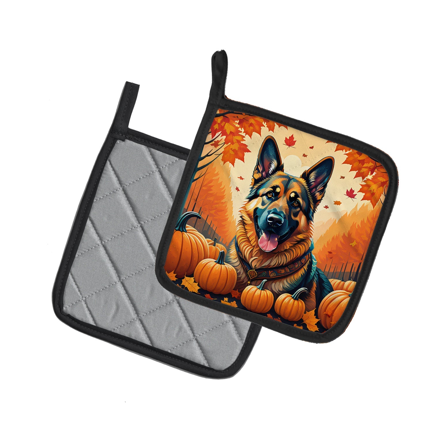 German Shepherd Fall Pot Holder Set of 2 Heat Resistant Quilted Hot Pads 7.5 x 7.5 Inch, Insulated Kitchen Trivets for Cooking & Baking
