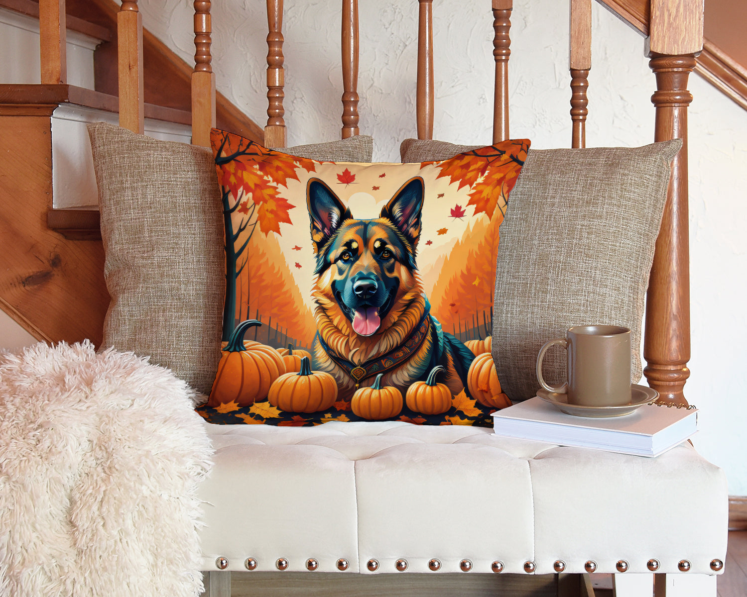 German Shepherd Fall Decorative Throw Pillow 14x14 Indoor Outdoor Accent Cushion, Fabric Cover with Insert for Sofa, Bed, Porch & Living Room