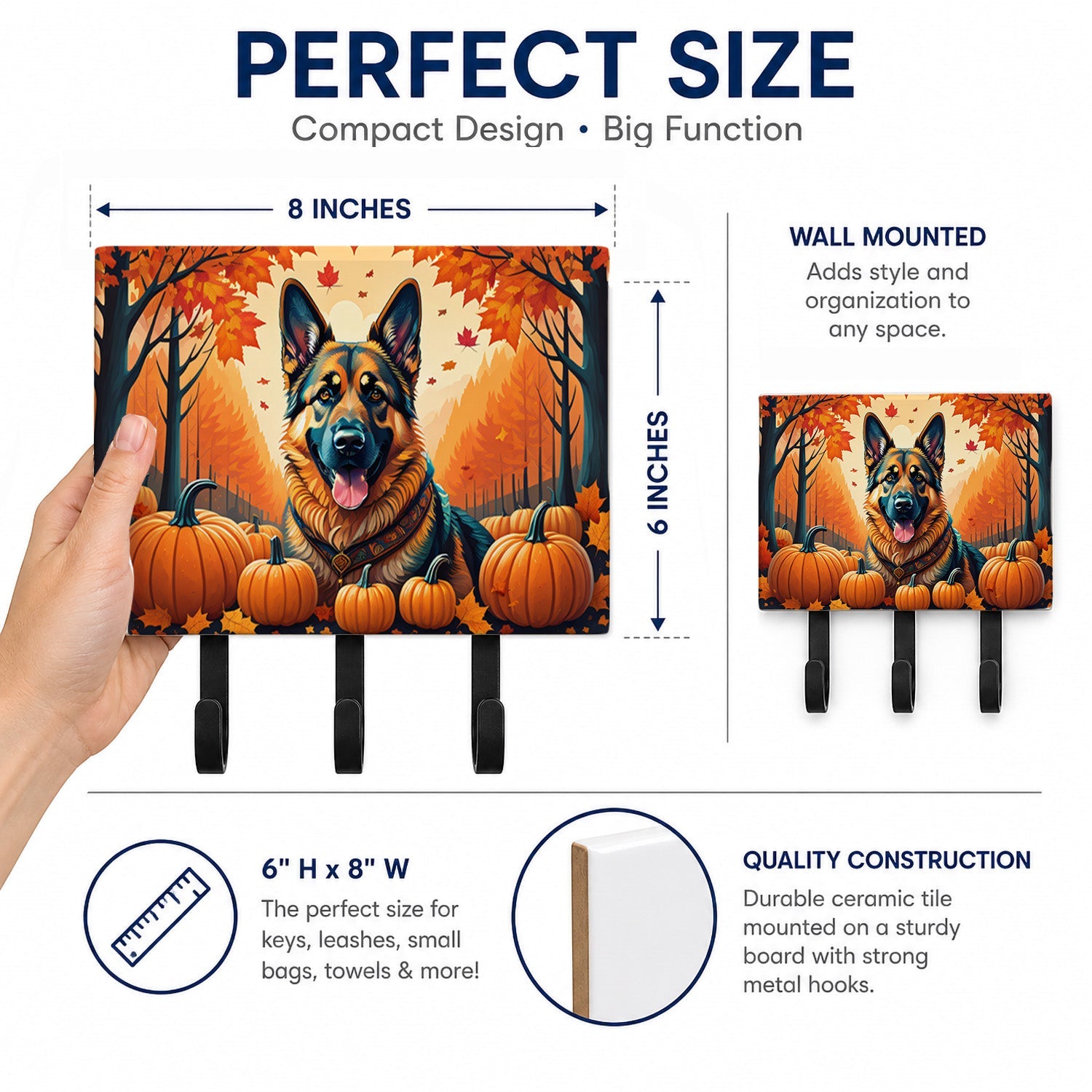 German Shepherd Fall Leash or Key Holder Wall Hooks, Coat Rack Wall Mount, for Hanging Keys, Towels, Aprons, Leashes